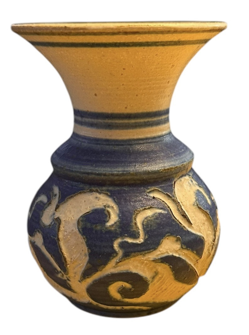 Art Pottery Vase In Blue & White 4.75” Hand Carved Painted & Signed Fabulous