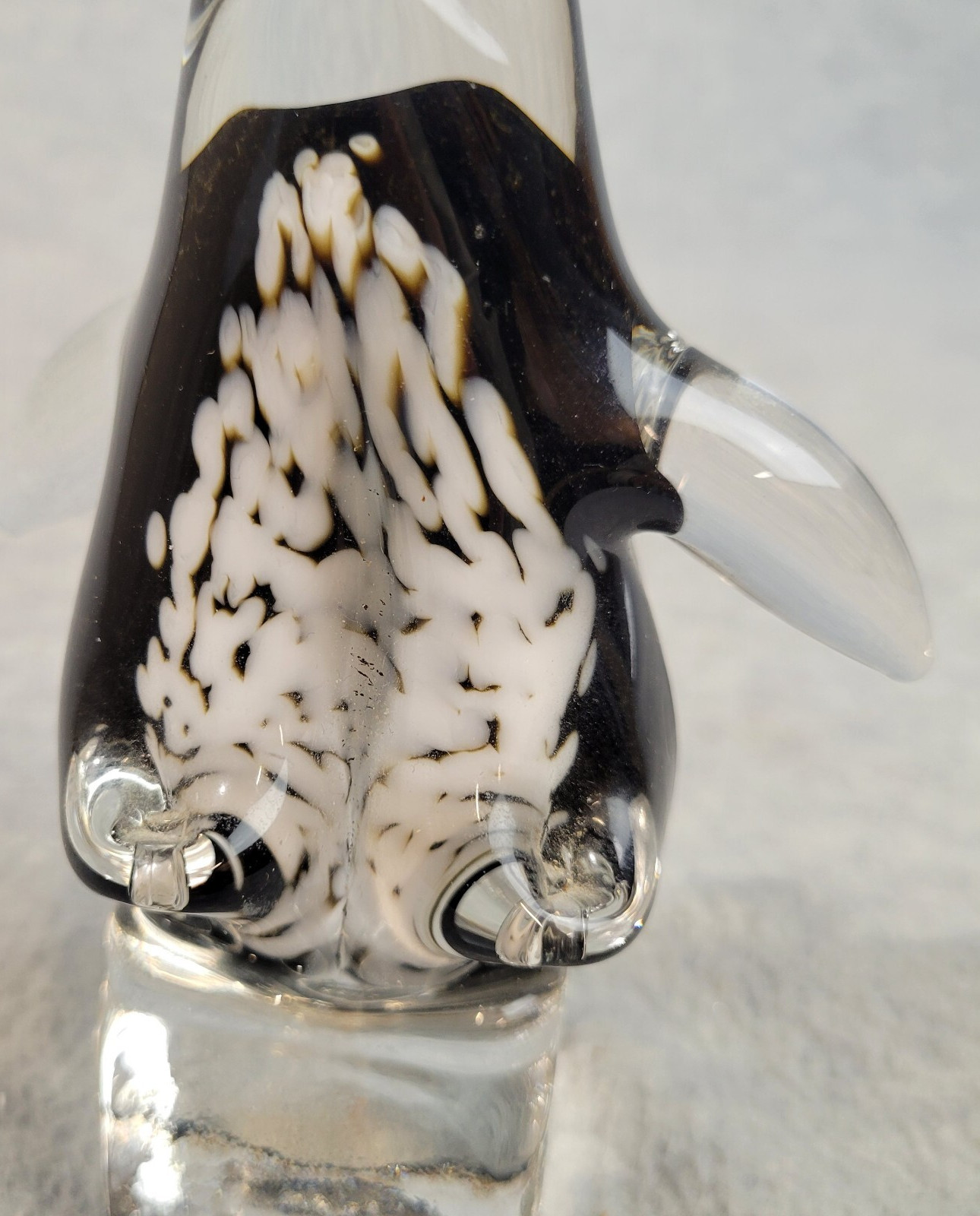 Joe Rice 2011 Penguin On Ice Cube Paperweight Art Glass 5 1/2″ Black/White/Clear