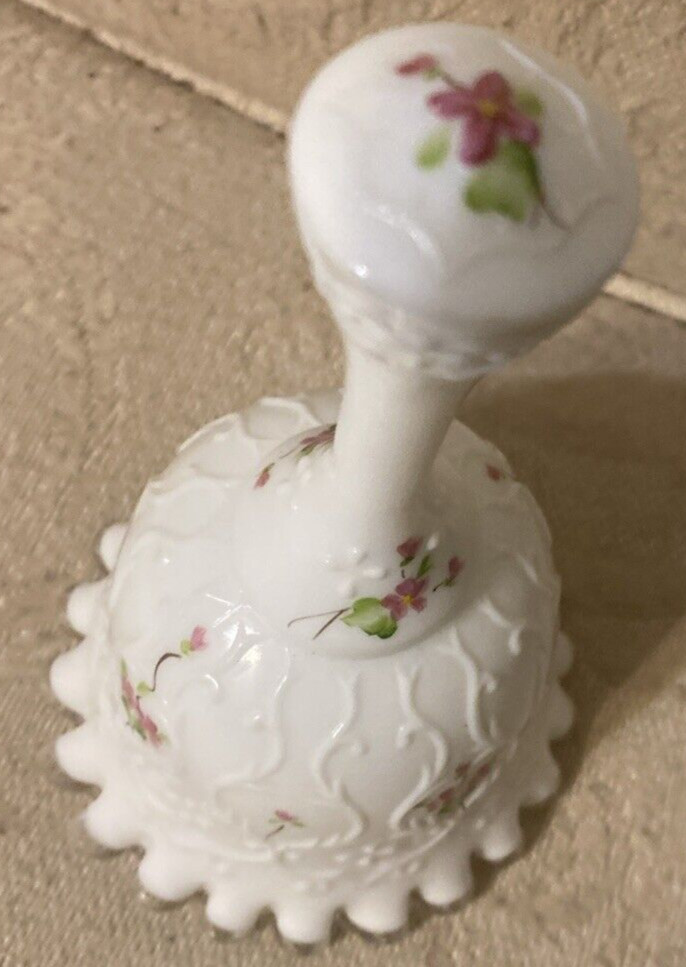 Vtg Fenton Violets In the Snow • Silver Crest Spanish Lace Bell • Signed Frida L