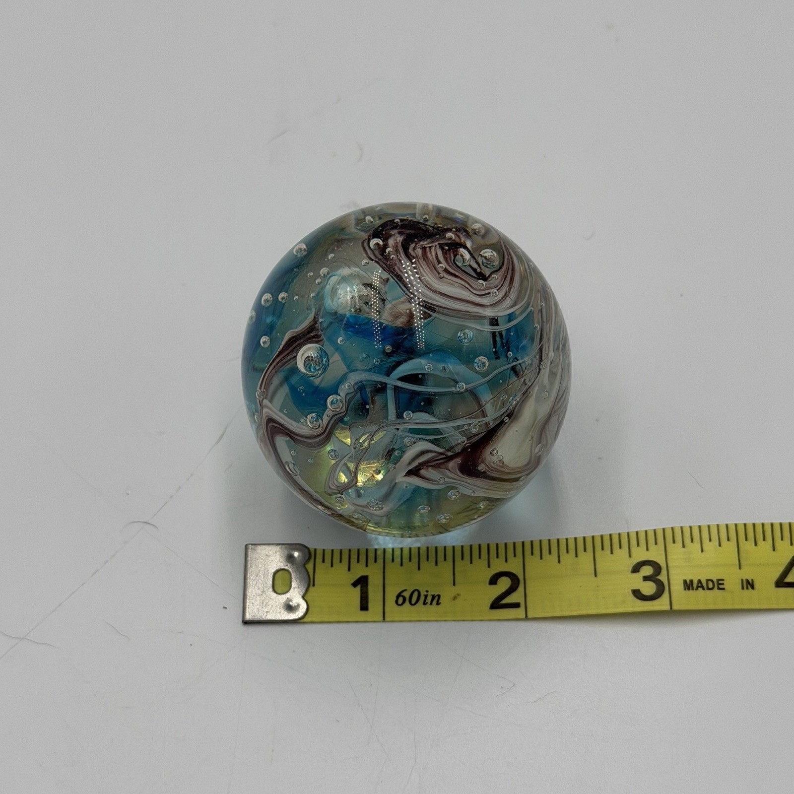 Vintage Signed Art Glass Paperweight Purple Blue Swirl Control Bubbles 2.5” UV