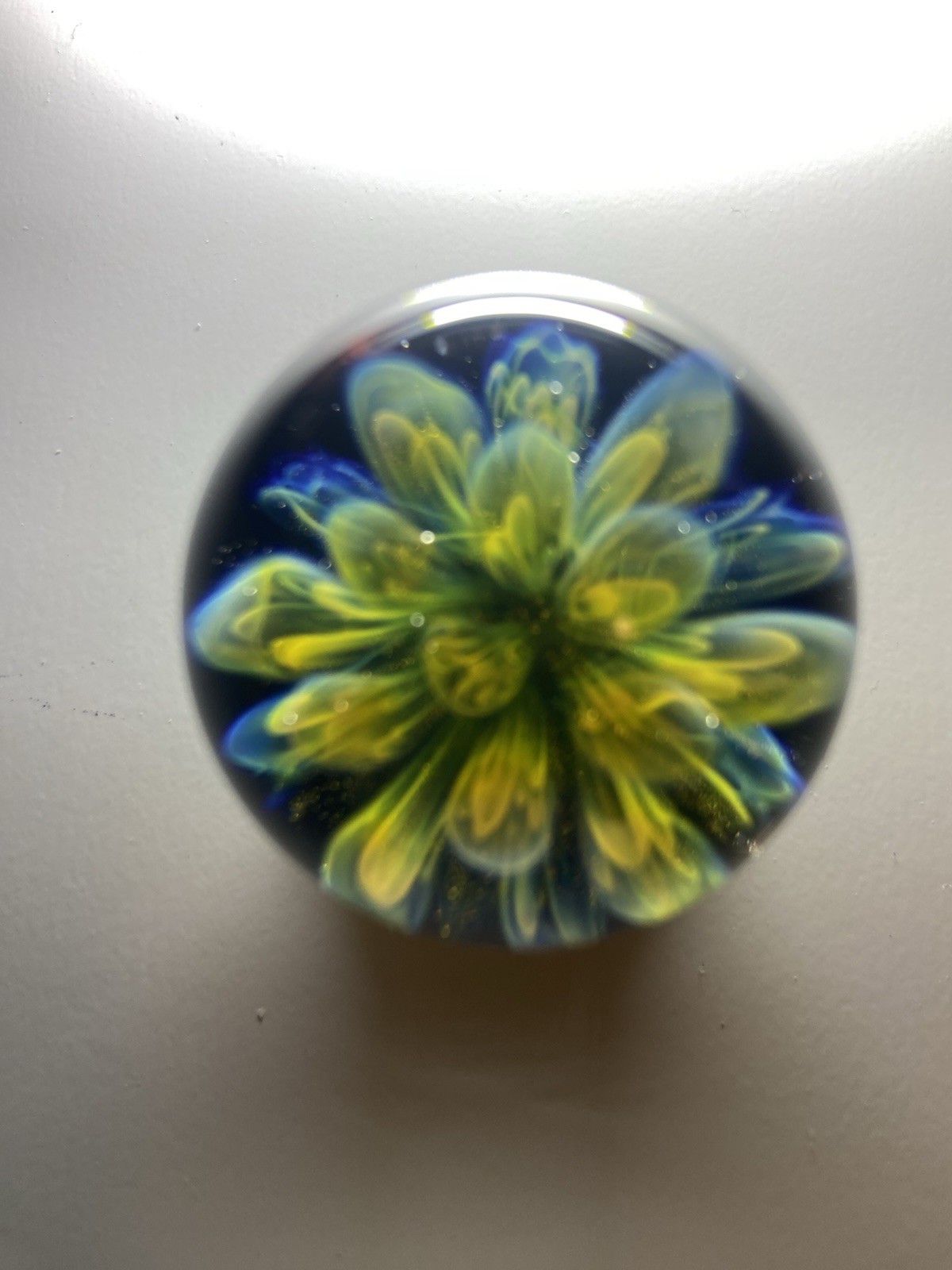 Art Glass Flower Paperweight Blue Clear Yellow Floral Glossy Decorative Sphere