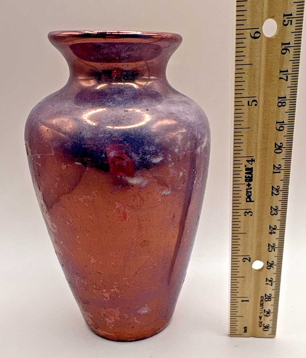 K.B. USA Purple & Copper Glossy Abstract Art Pottery Ceramic Vase Signed