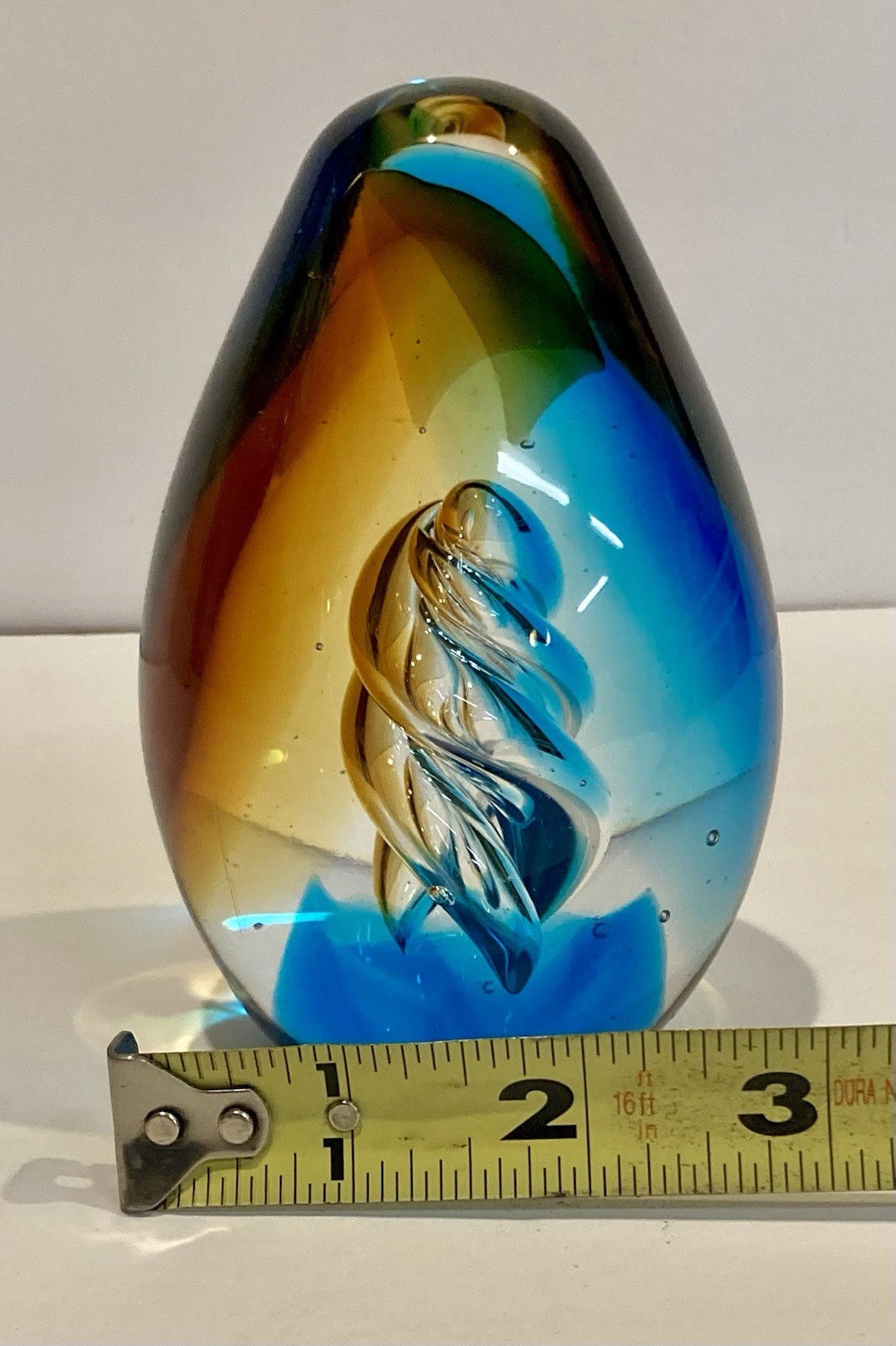 Vtg Murano Art Glass Egg Paperweight Blue Yellow Sculpture 5” T 3” W 1lb 14oz