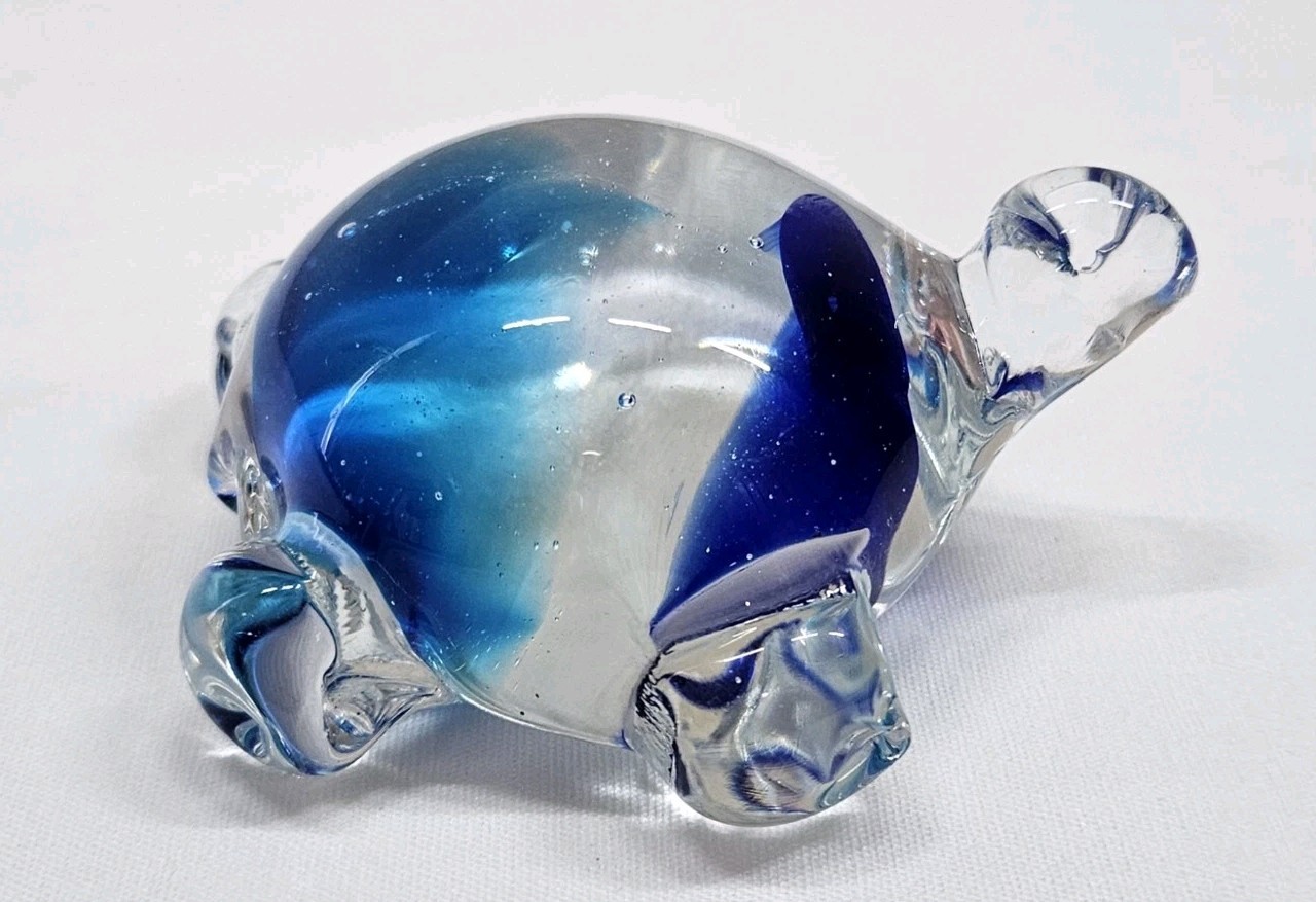 Vintage Art Glass Blue Hand Blown Sea Turtle Paper Weight Figurine