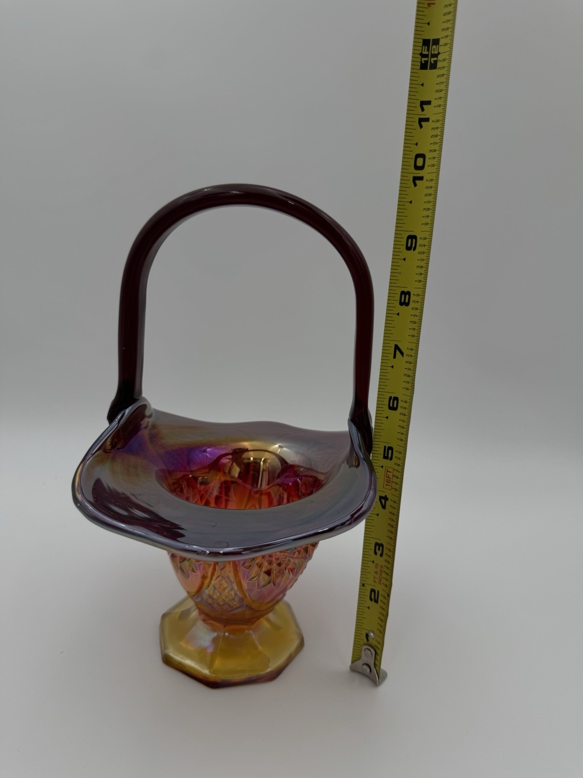 Vintage Carnival Glass Basket Amberina Red Iridescent Ruffled Starburst 10.5 in