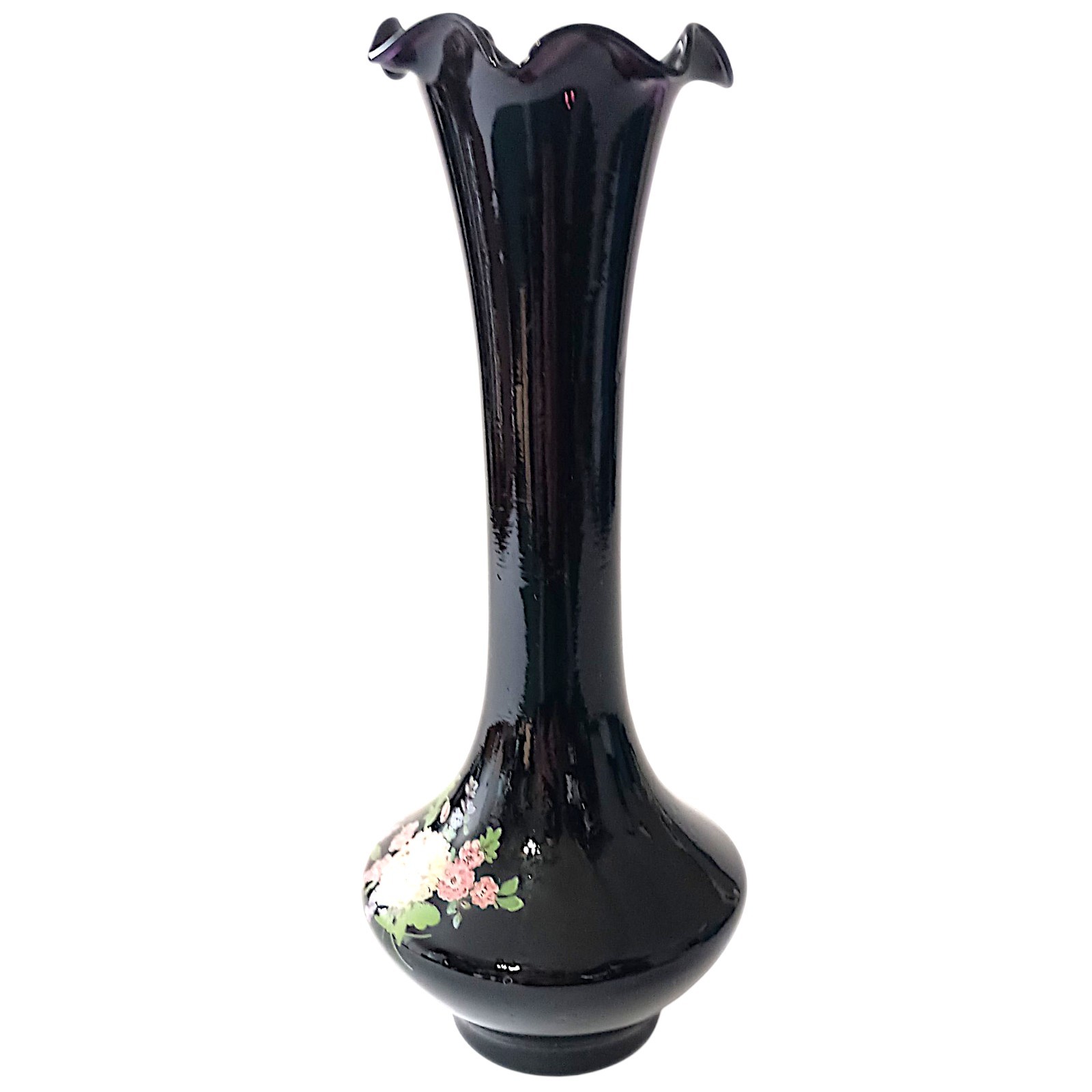 Vintage Floral Black Amethyst Floral Bud Vase Ruffled Fluted Top Edge Victorian