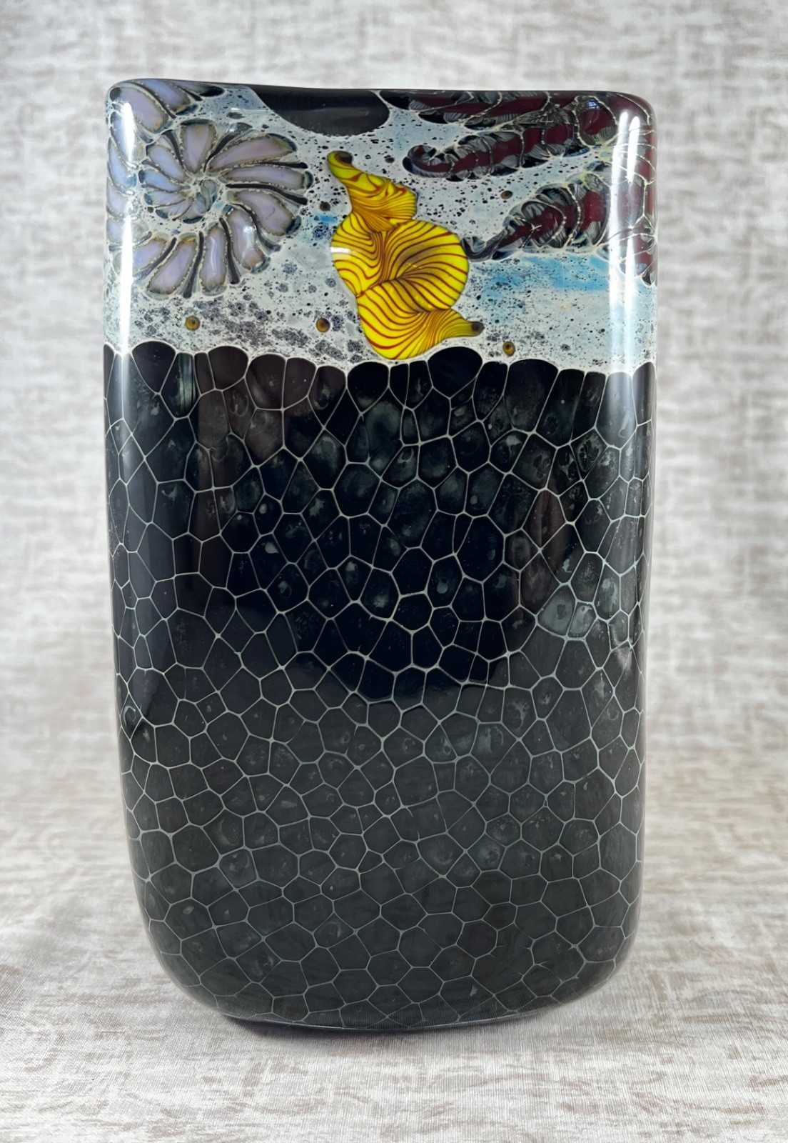 Kenny Walton, Signed, Art Glass Square Vase, Underwater Design, Studio Art Glass