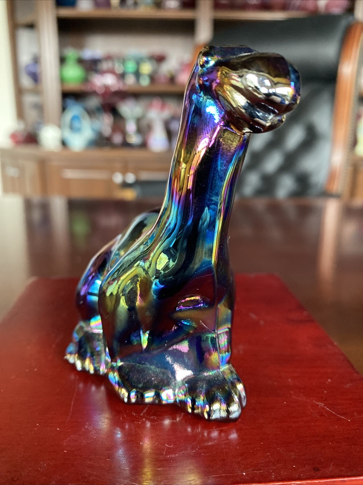 Wonderful Fenton Smoked Carnival Glass Dinosaur/Brontosaurus 3.5”. Ex Condition