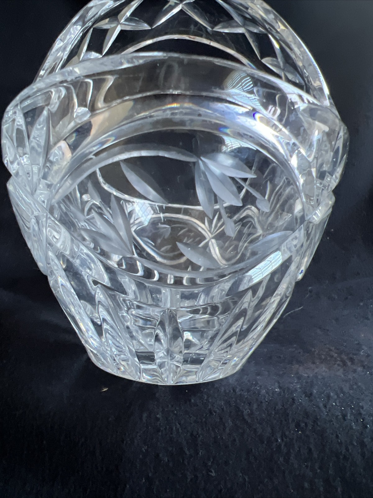 Heavy Cut Crystal Basket Starburst & Fans Pattern ~ Etched Flowers & Stems