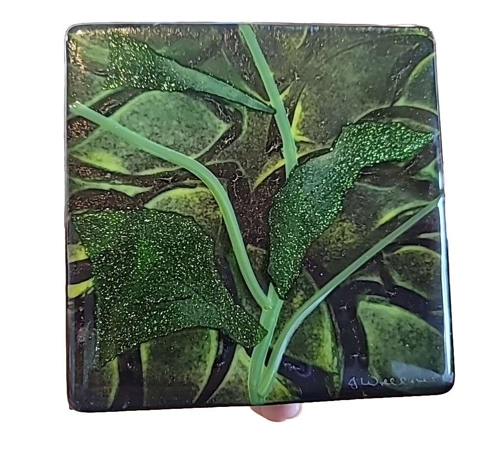 Amazing ART GLASS TILE, Iridescent, Signed, Foliage , 6″x6″