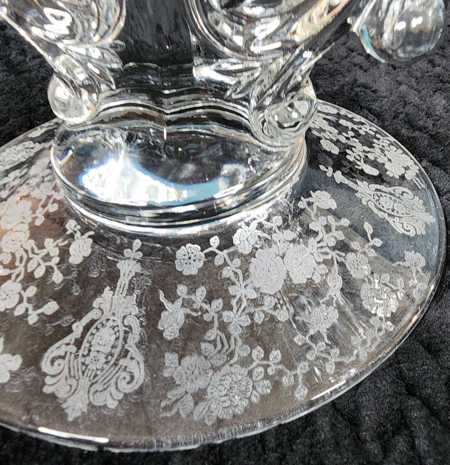 Cambridge Rose Point Keyhole Double Candlestick Holders | Pair | Etched UV Glow