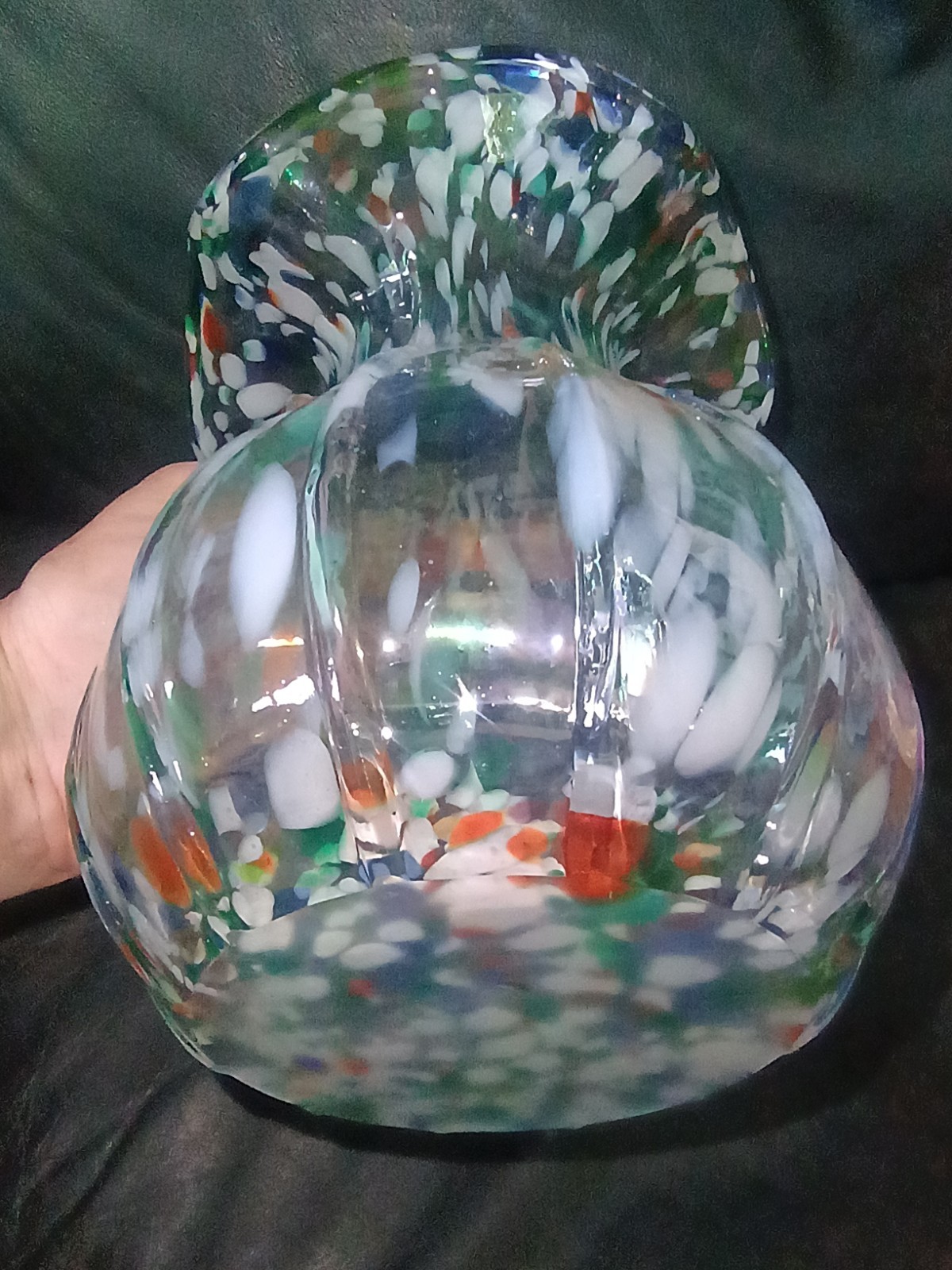 Art Glass Vase Ruffle Top Vase Blue Green Orange 8″ End of Day Colorful Medium