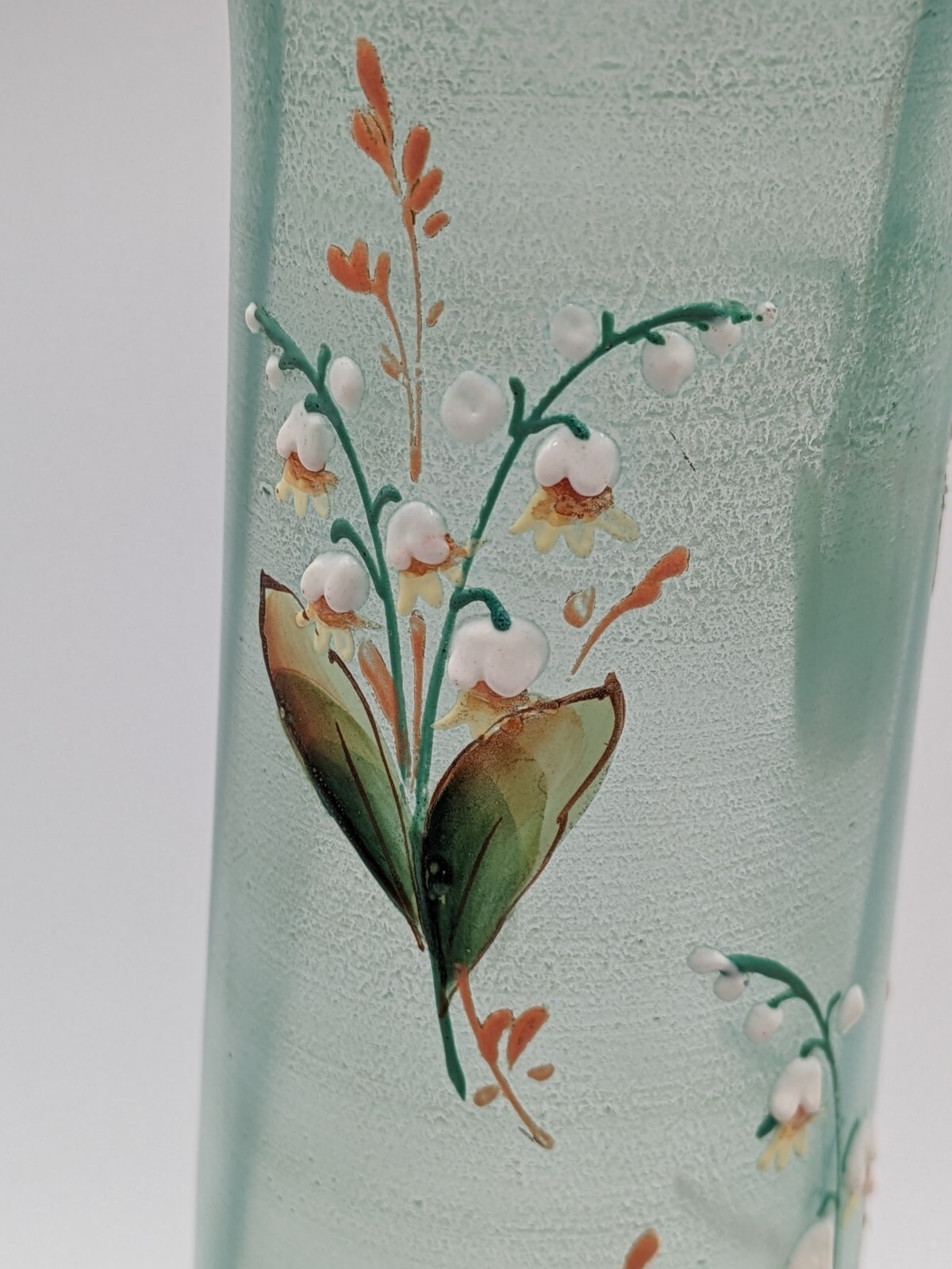 (2) Bohemia Satin Glass Enameled Hand Painted Lily of the Valley Vases 14″