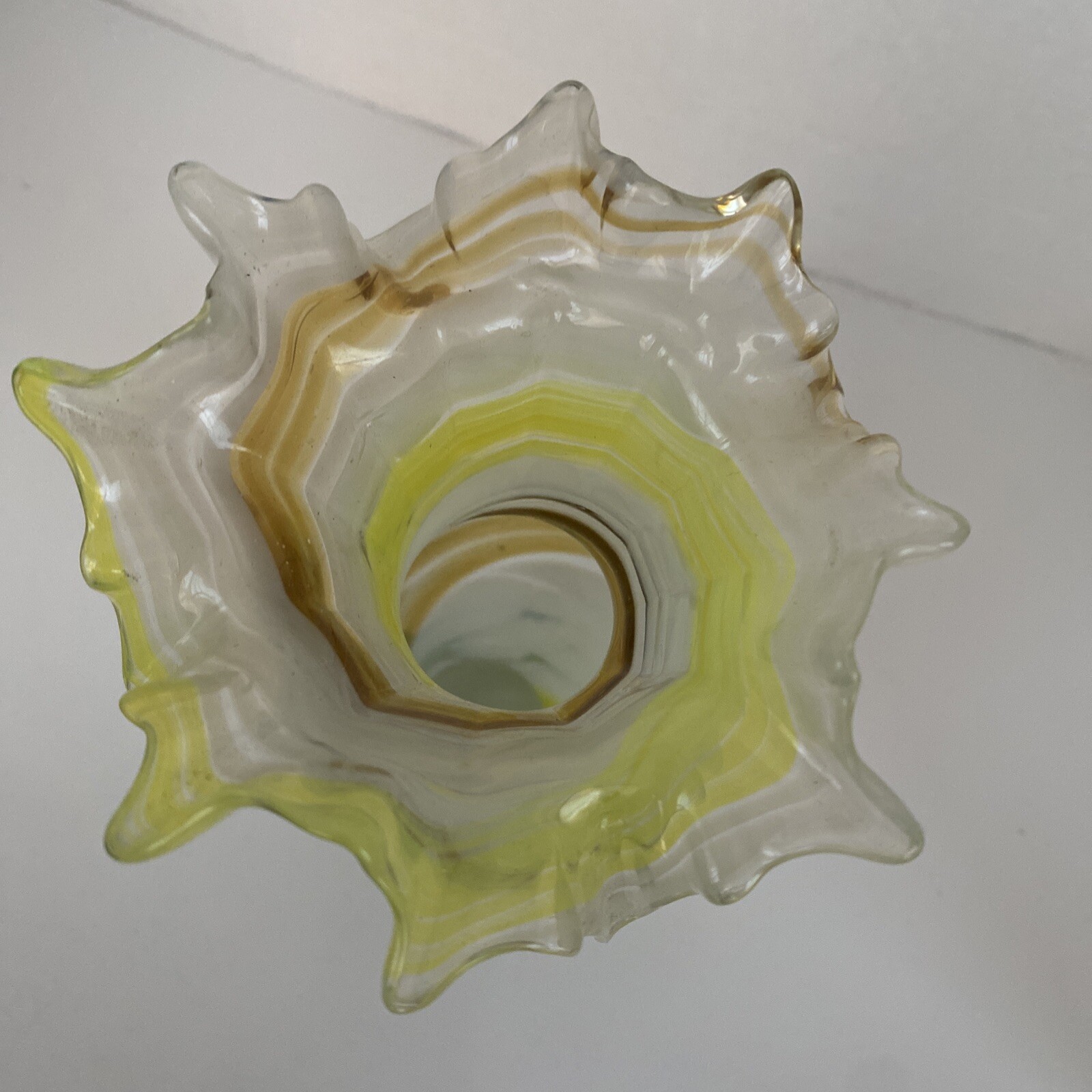 Vintage STAR Art Glass Hand Blown Vase Yellow Brown White Swirl Ruffled Top 11”