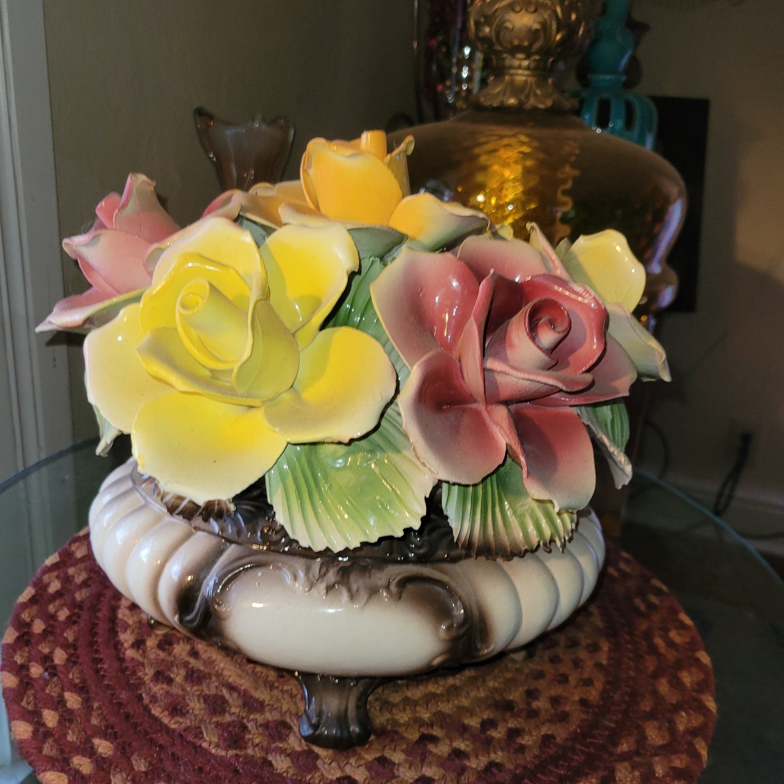 Antique Capodimonte Italy Pink and Yellow Roses Centerpiece 10″ Porcelain