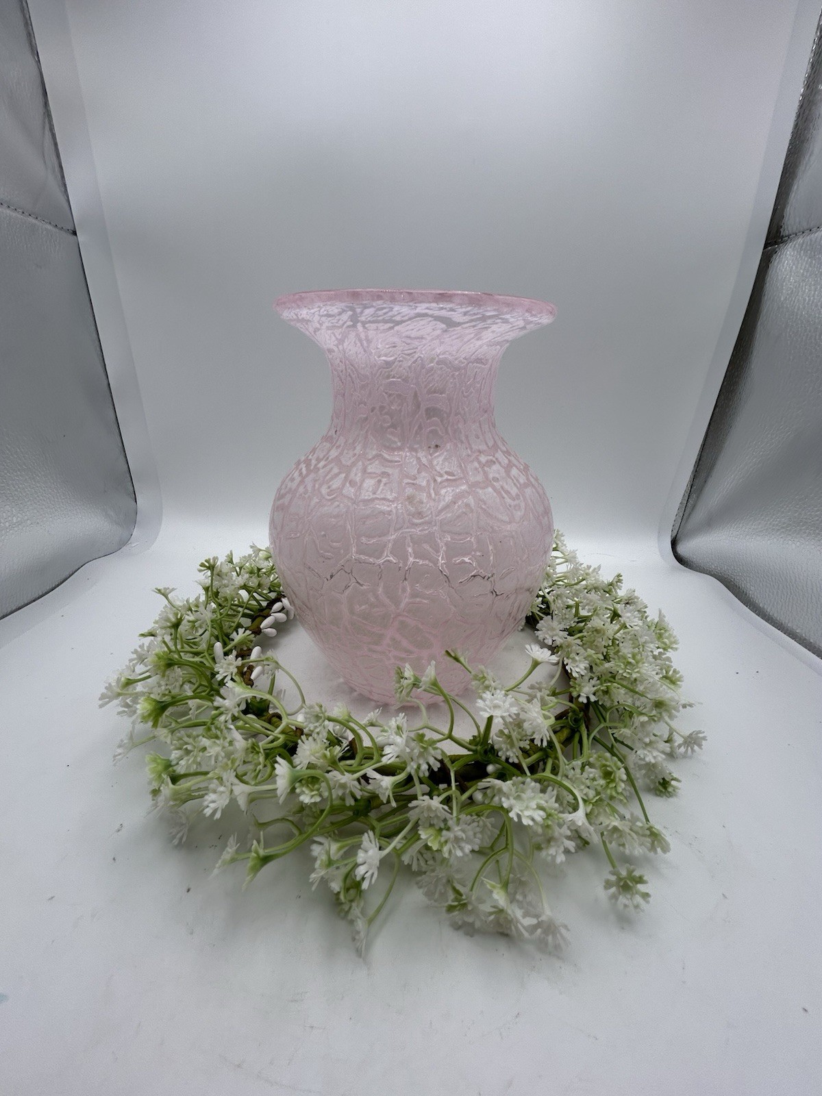 Silvestri Pink Crackle Glass Vase 7” High Timeless Art Blown Glass
