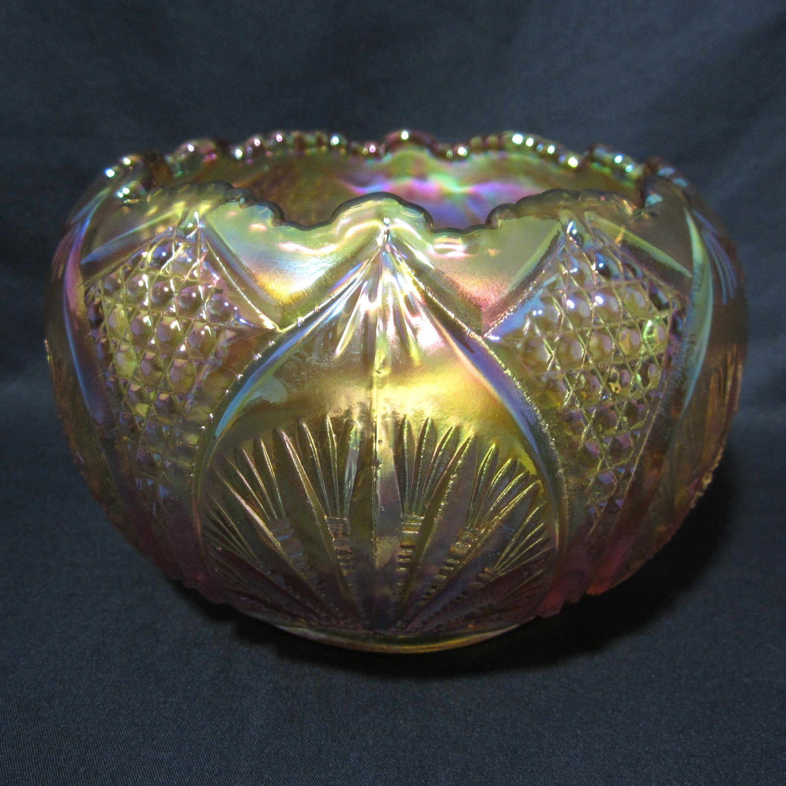 Fenton Marigold Carnival Glass Regency Rose Bowl Vase – Fan/Sunburst/Button