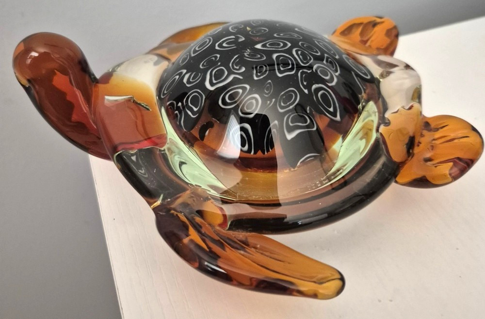 Sea Turtle Art Glass Tortoiseshell Murano Style Amber Black with White Circles