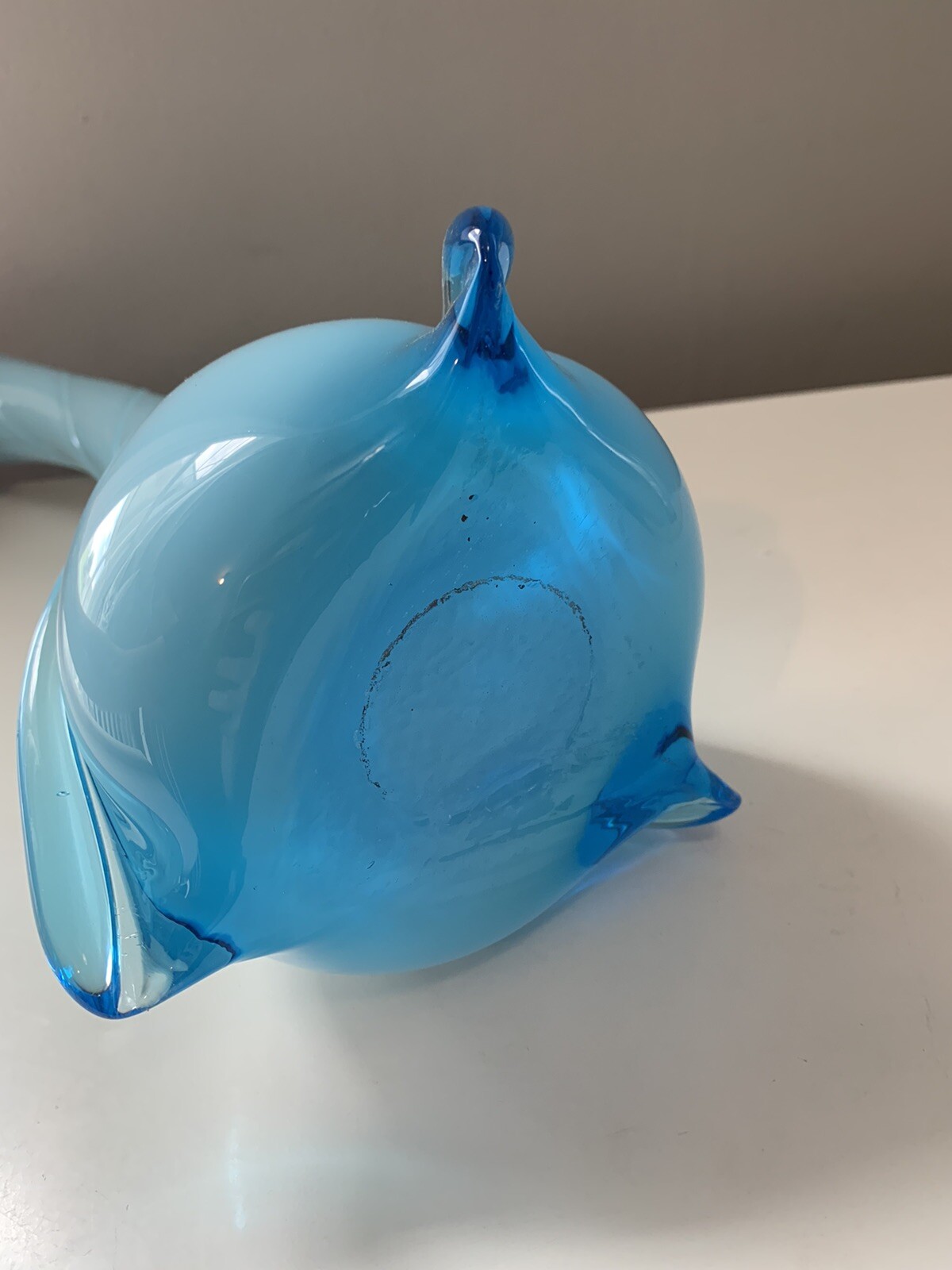 Mid Century Modern Cased Light Blue Applied Glass Spiral Pitcher Ewer Vase 15.5
