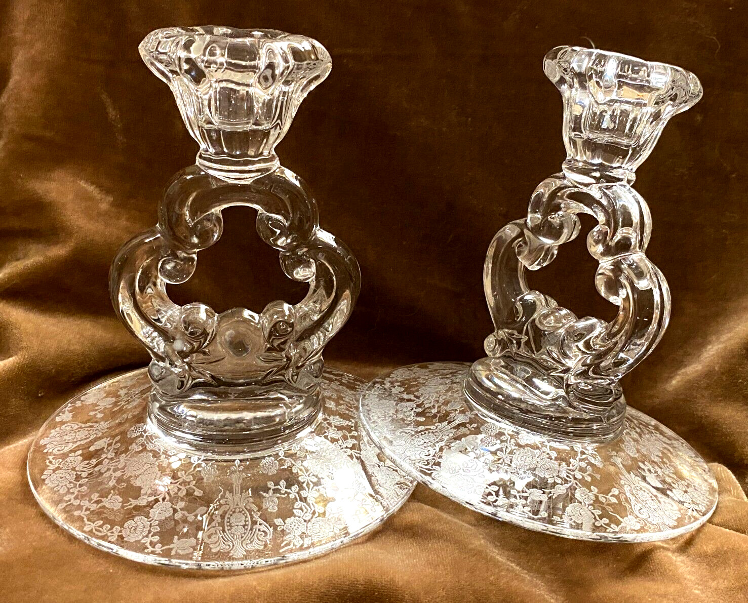 Cambridge “Rose Point” ~ Set of 2 Single Light Candlesticks ~ Mint Condition