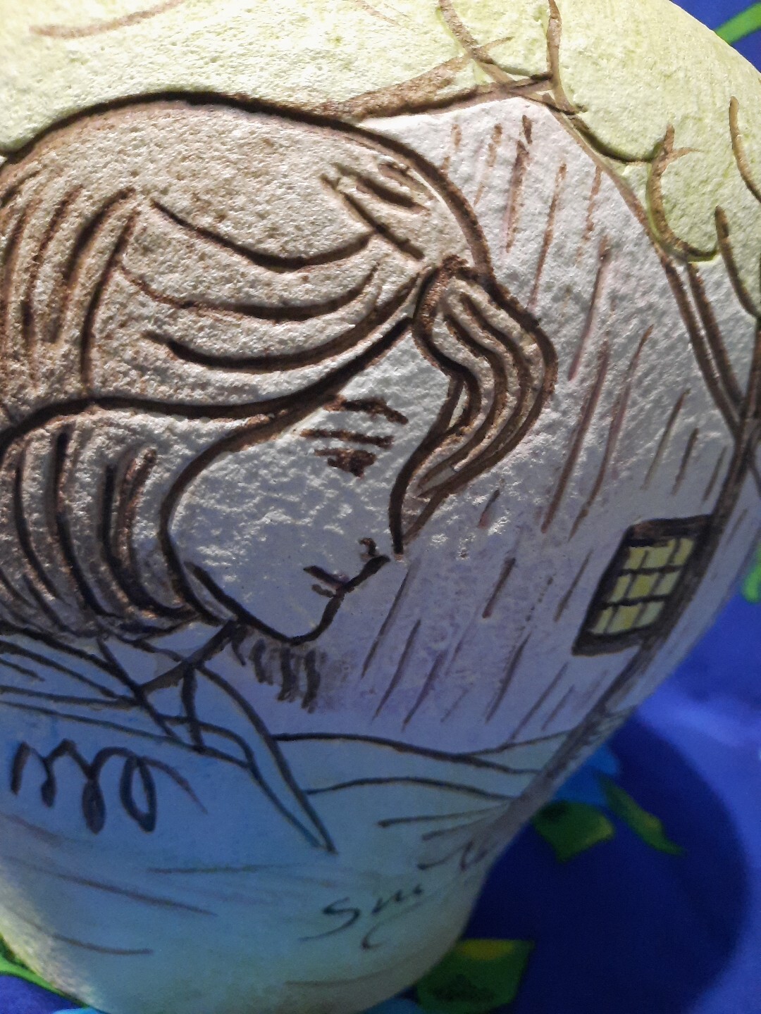 Vtg 80s Lg Etched Painted Textured Pottery Vase Urn Ginger Jar Signed Sue Thomas