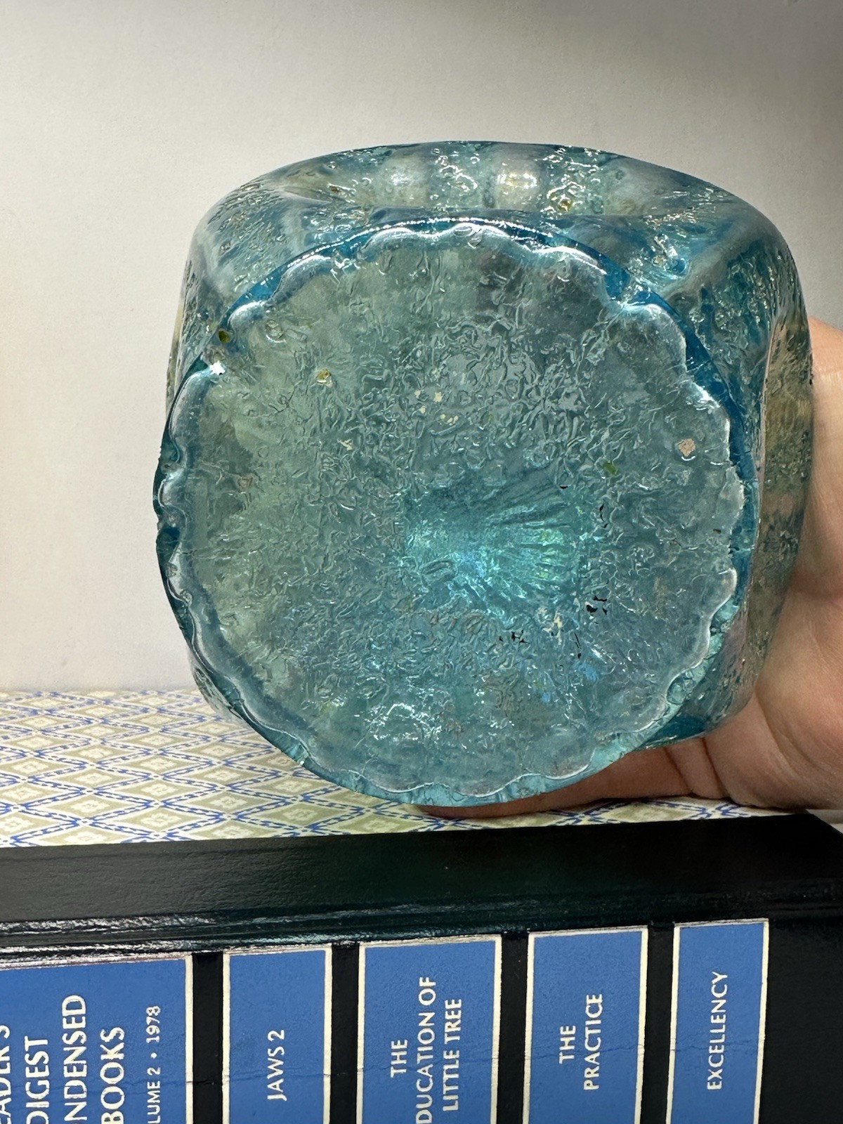 Antique Dugan Glass Iridescent Blue/Green Sq Vase-Round Pinched Early 1900’s 6″