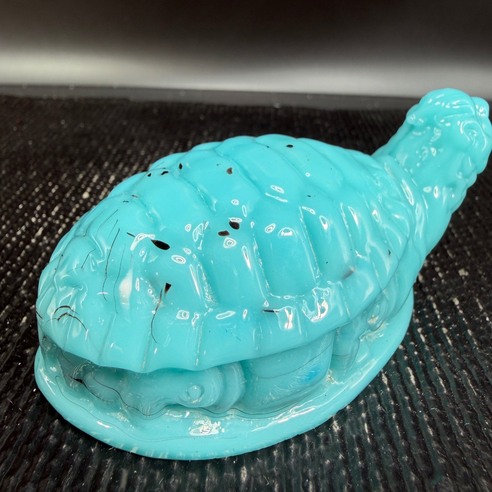 Antique Turquoise Blue Slag Glass Turtle Figurine Portieux Animal Hand Blown VTG