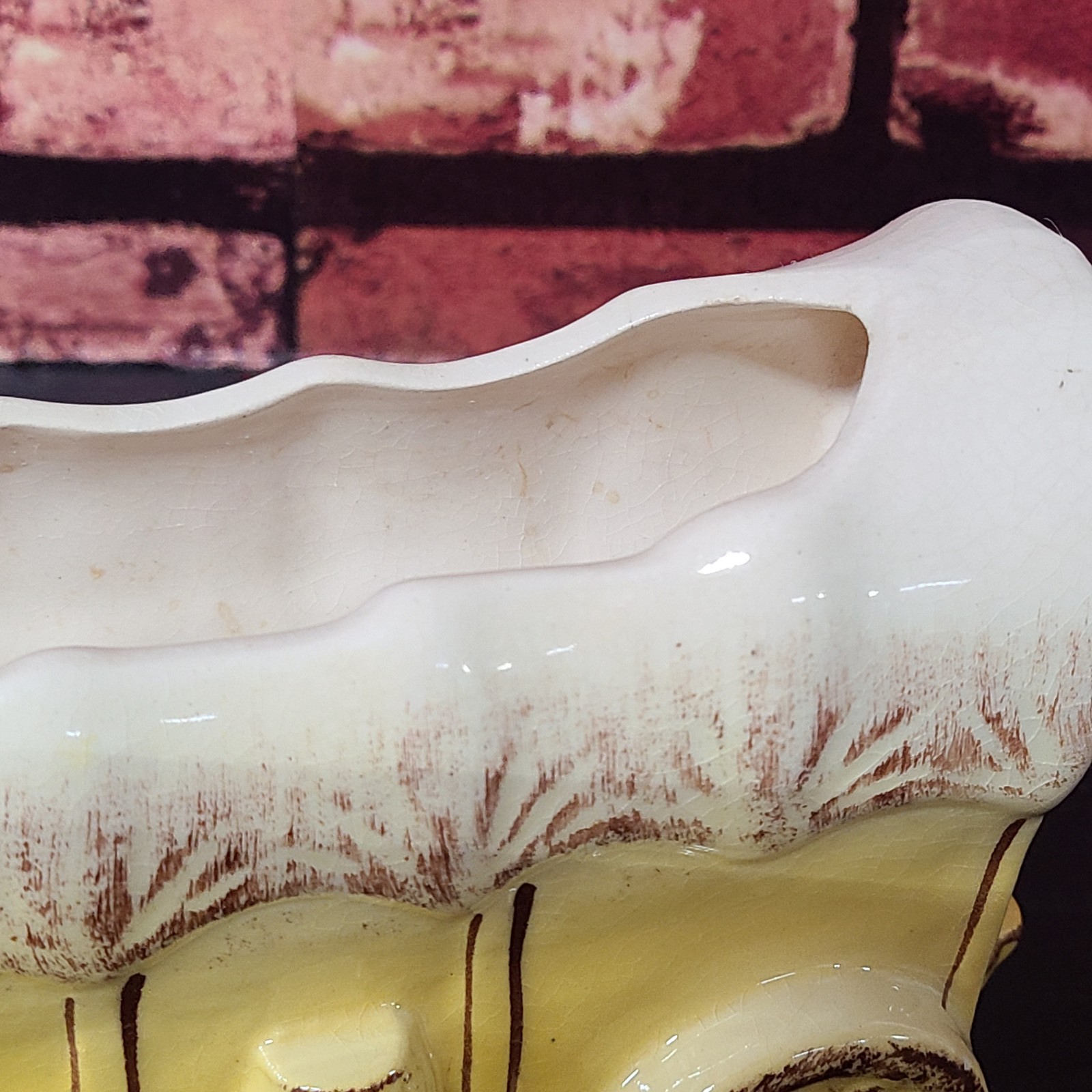 Vintage Ceramic Covered Wagon Planter Yellow Cream Brown Decorative 6 3/4 Long