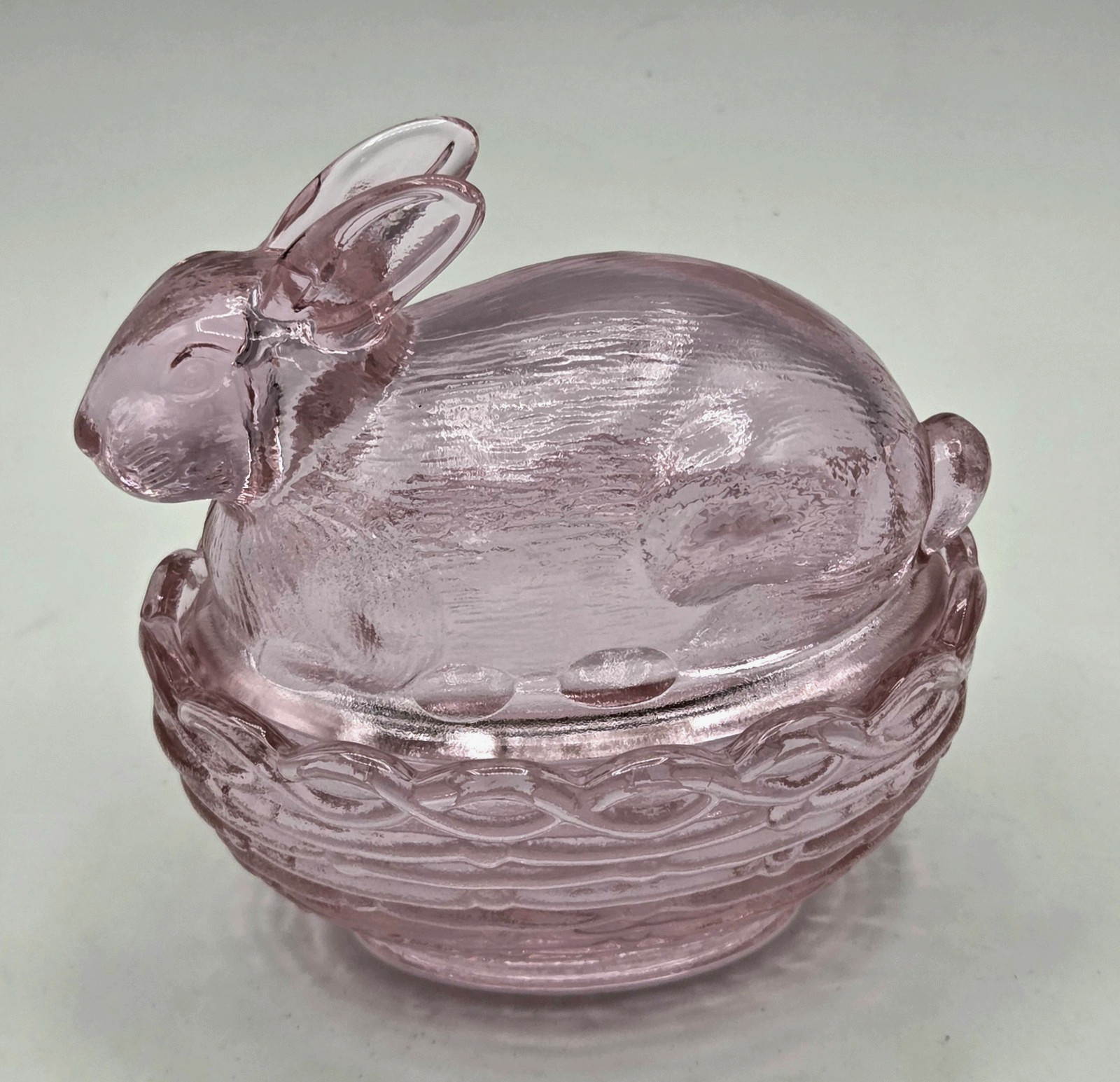 Collectible Mosser Pink Glass Rabbit on Basket Figurine/Easter Bunny 4″