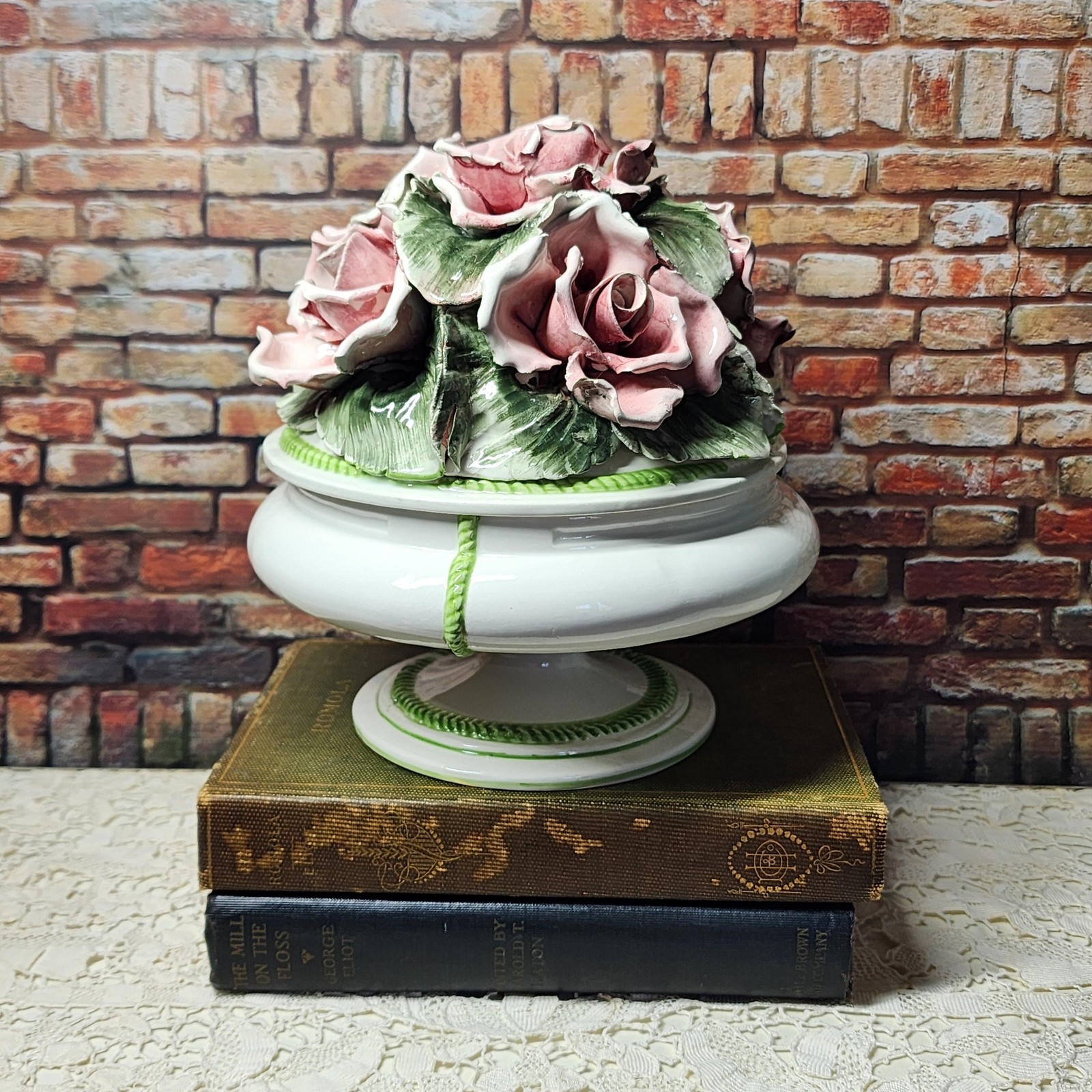 Vintage Italian Capodiomonte Lidded Pedestal Bowl Pink Roses Signed Nora Fenton