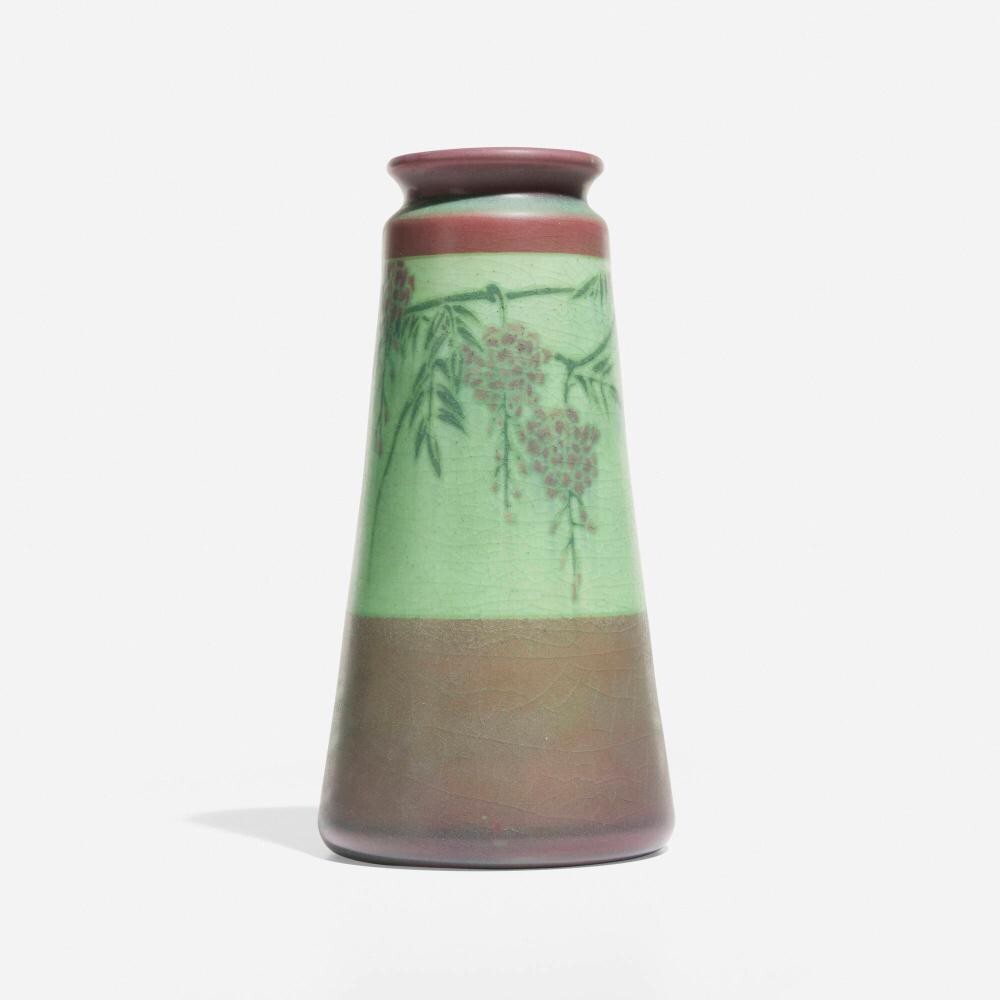 1910 Rookwood Pottery Sara Sax Rare Banded Green Vellum vase with wisteria