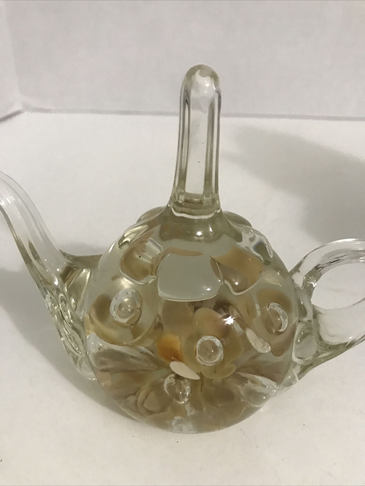 Joe St. Clair Art Glass Teapot Ring Holder Paperweight Flowers Bubbles Signed