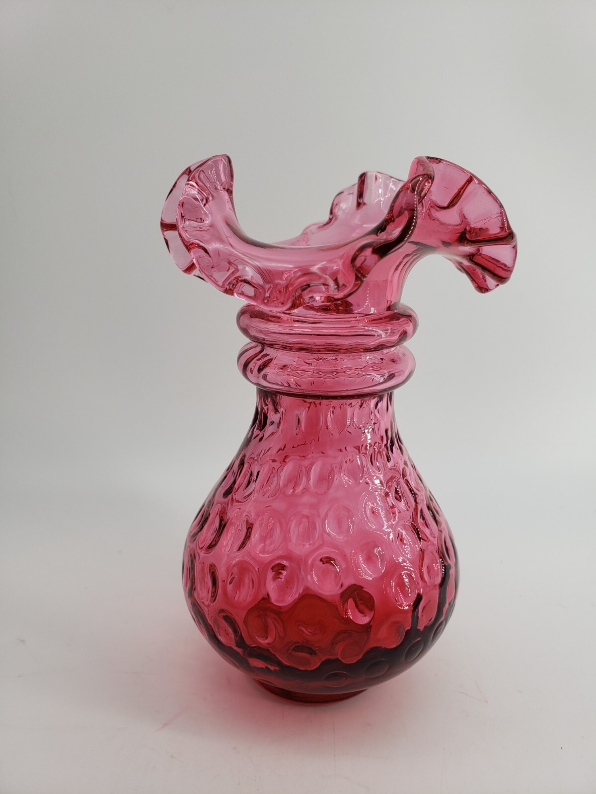 Fenton Cranberry Crimpled Edge Dot Optic Vase 5 3/4in tall