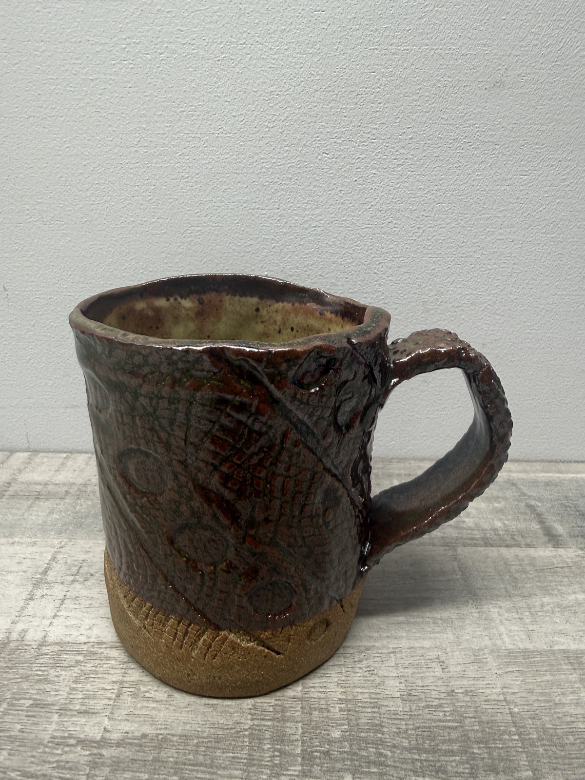 Handmade Studio Pottery Mug Textured Brown Red Glaze Rustic Signed MJ Art Coffee