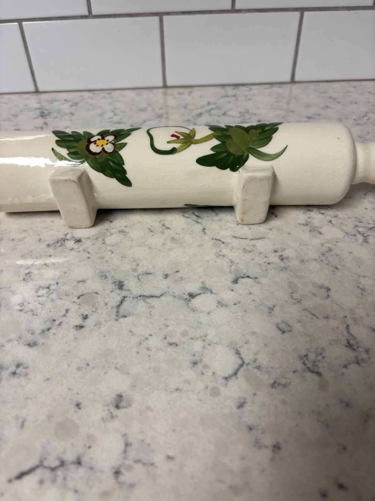 Hand-painted Blue Ridge Pottery Wild Strawberry platter and rolling pin planter.