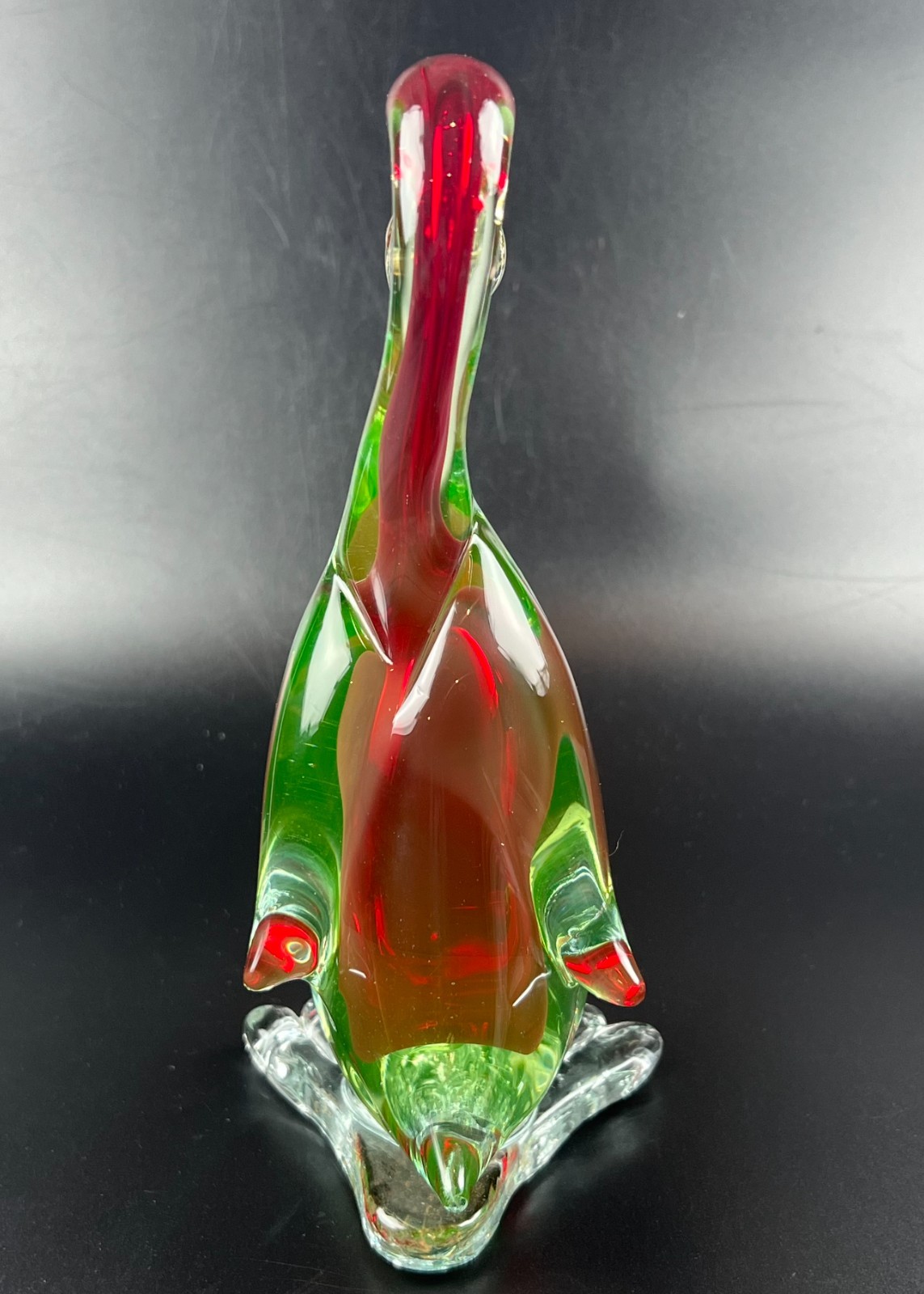 Vintage Murano red green uranium Sommerso glass duck swan goose UV glow 8.5″