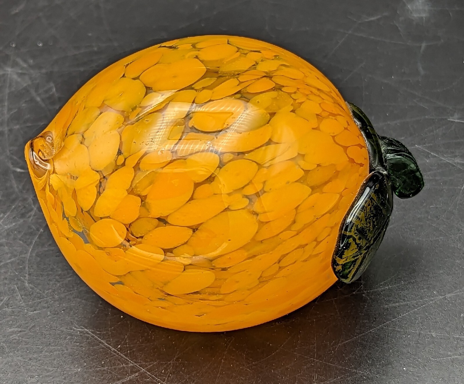 Vintage Orange/Lemon Paperweight Blown Art Glass Crystal Speckled Fruit