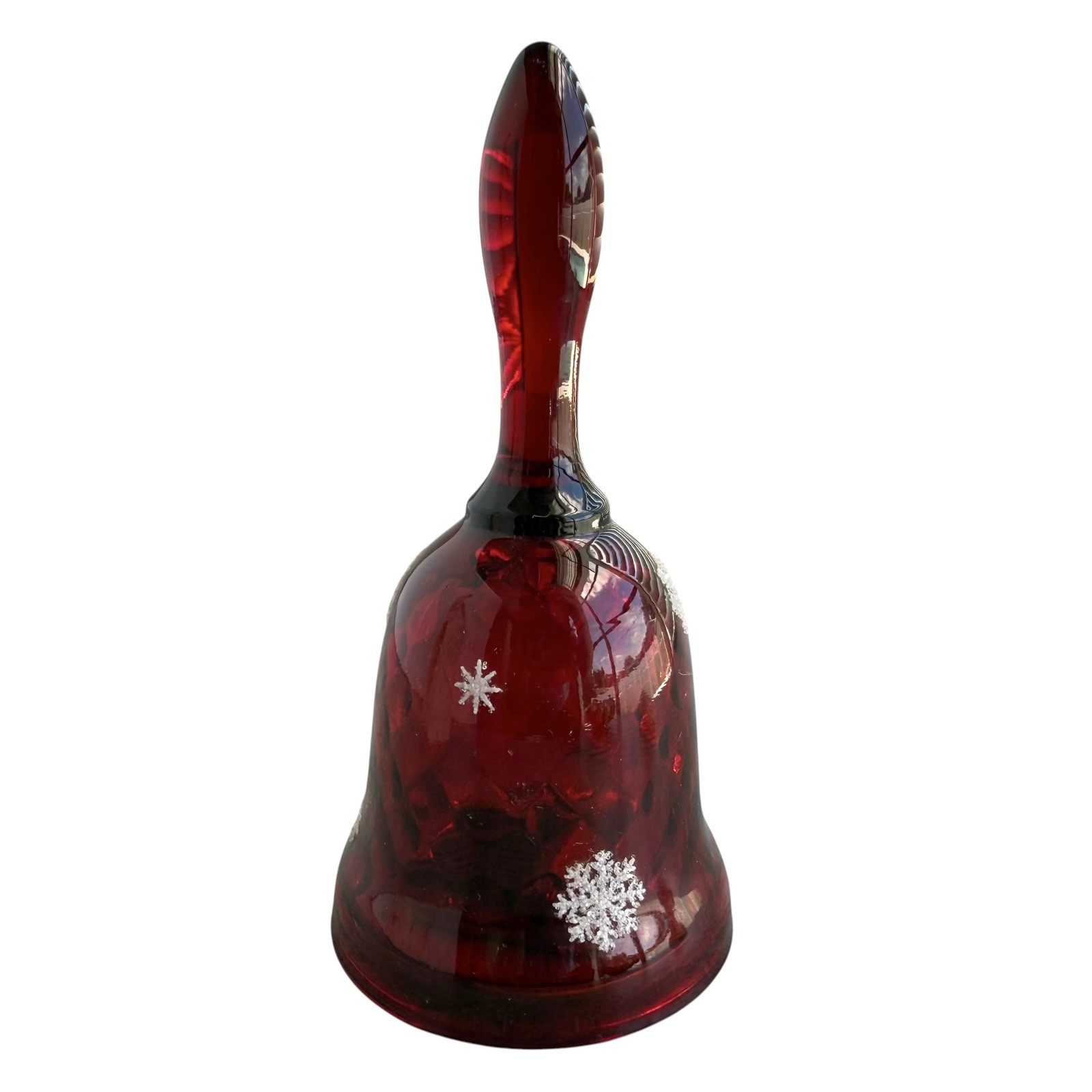 Fenton Festi-Bell Glass Red Hand Painted Snowflakes Christmas Musical Bell 4.5”
