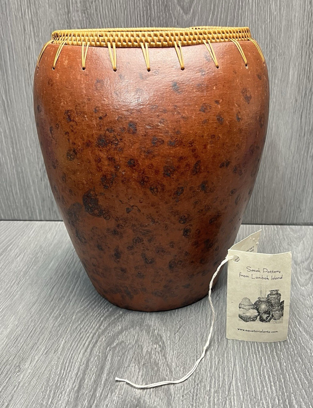 Sasak Pottery Asam Vase Lombok Indonesia Woven Rattan Trim Terracotta