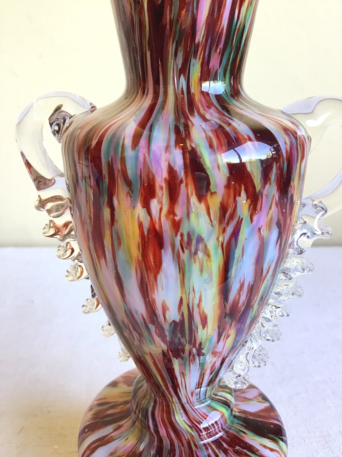 Vintage Handblown Swirl Multicolor Cased Art Glass Clear Handled Vase 7.25″ Tall