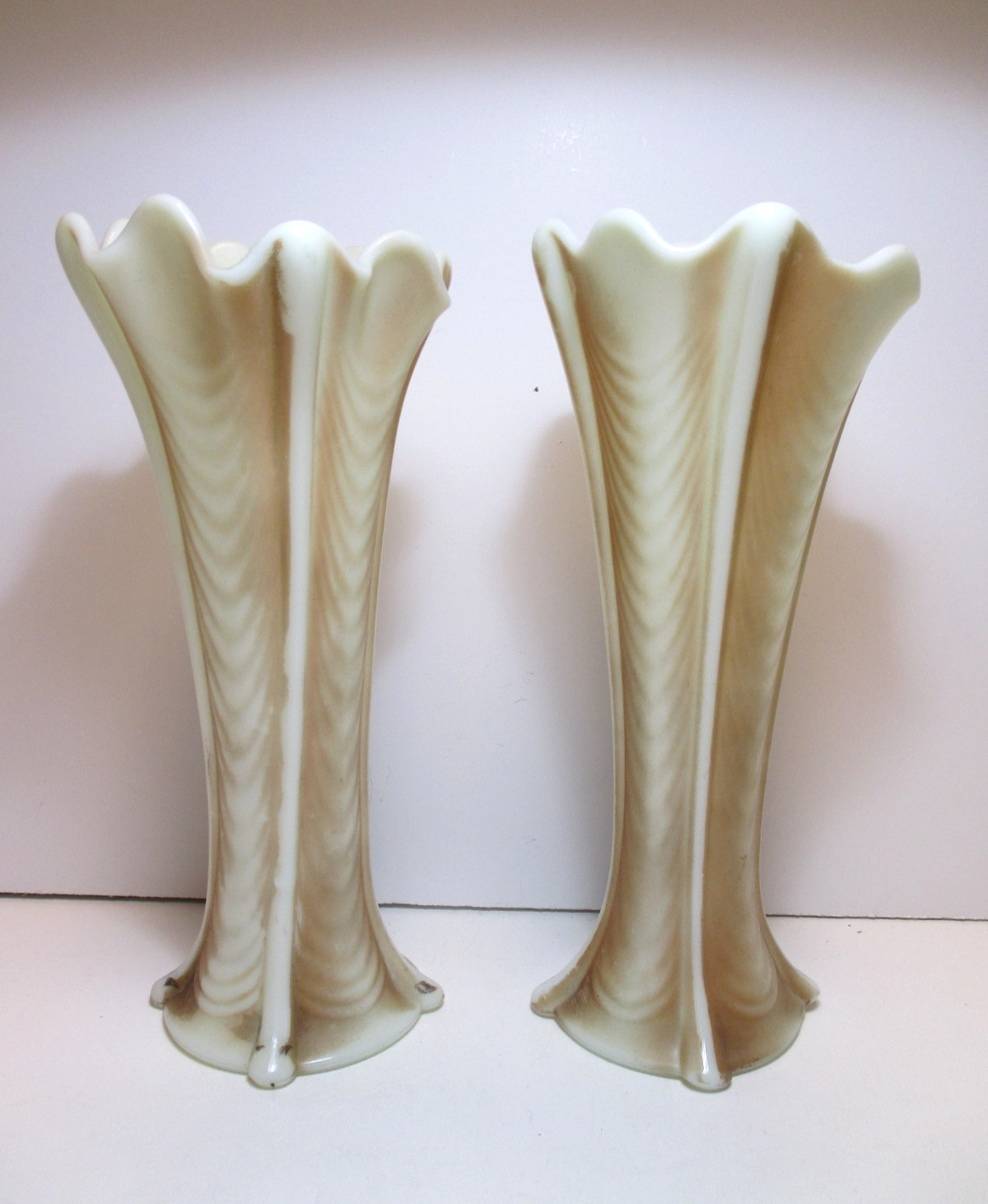 Antique Northwood Uranium Custard Pair of Swung Vases Nutmeg Stained Drapery