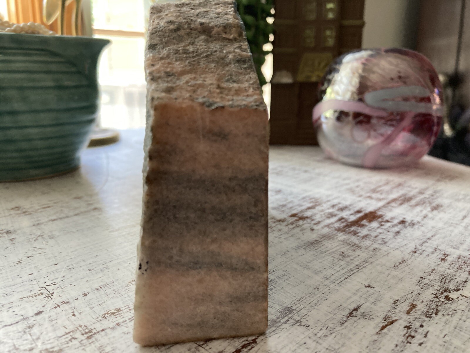 Hand Painted Pink Marble Stone Paperweight Landscape Farm Ranch Scene Signed