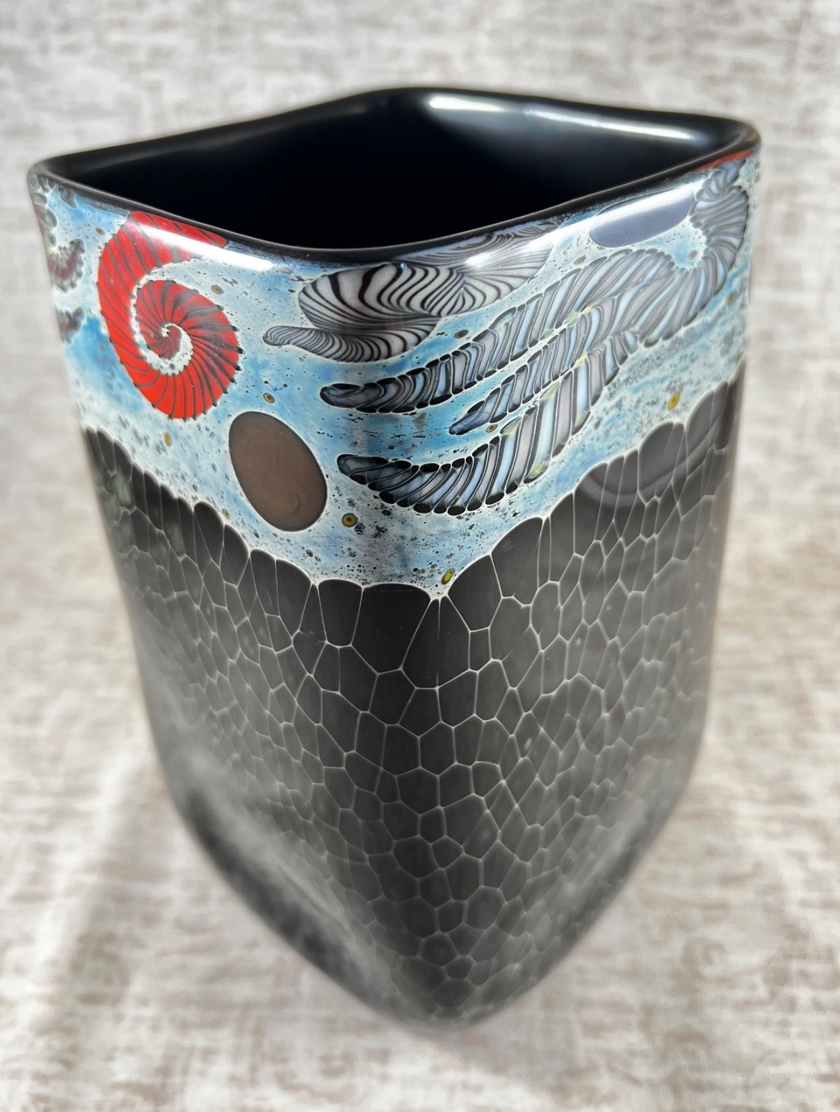 Kenny Walton, Signed, Art Glass Square Vase, Underwater Design, Studio Art Glass