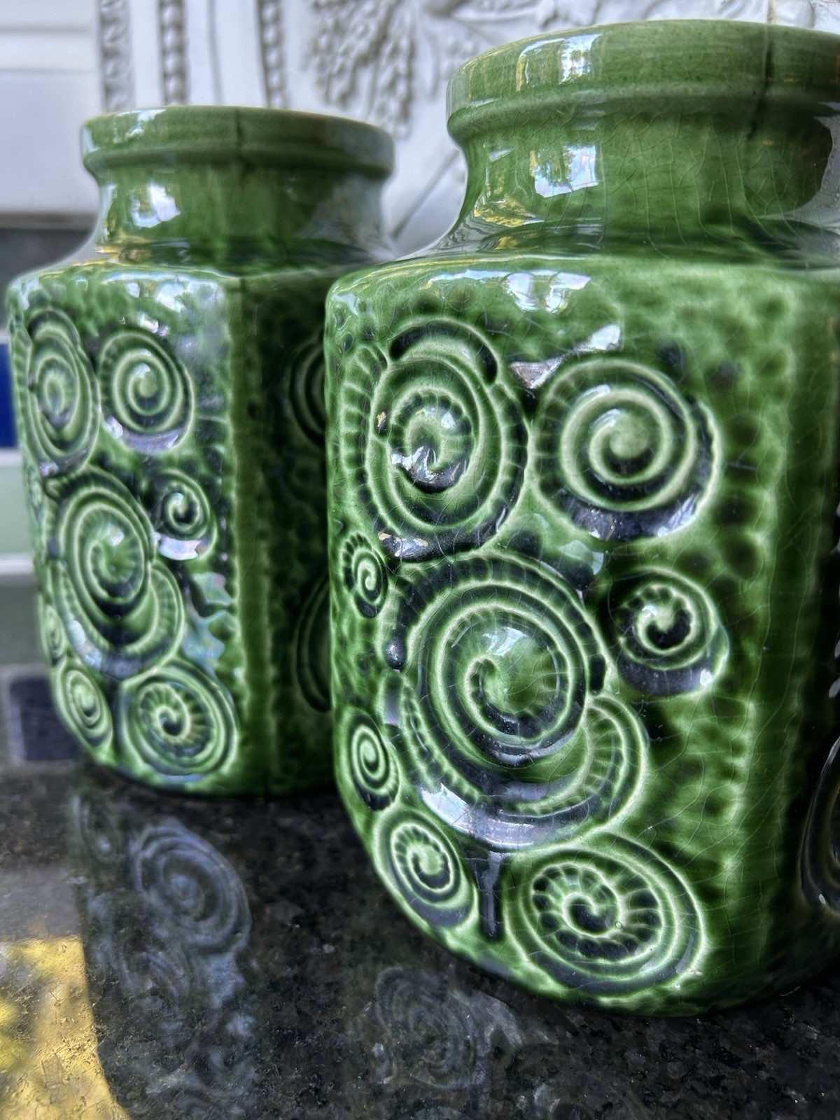 Vtg Scheurich Jura Vase Set 2 Green W Germany Art Pottery 1970’s Excellent