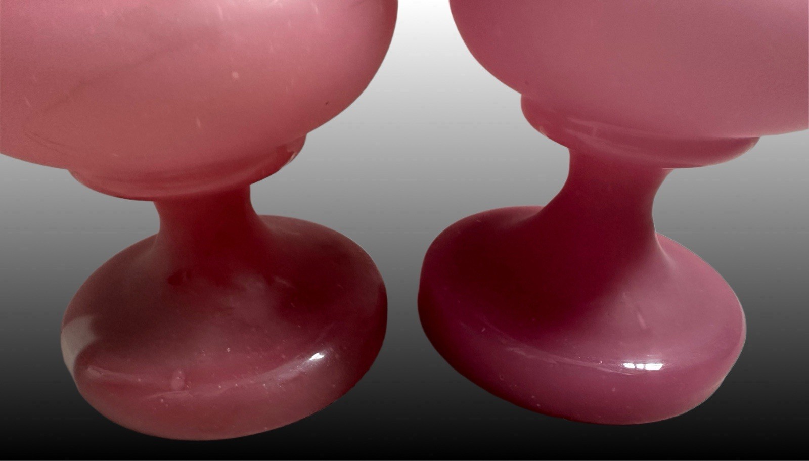 Pair Of Antique Pink Handblown Bristol Glass Pink Opalescent Glass Vases 12.5”