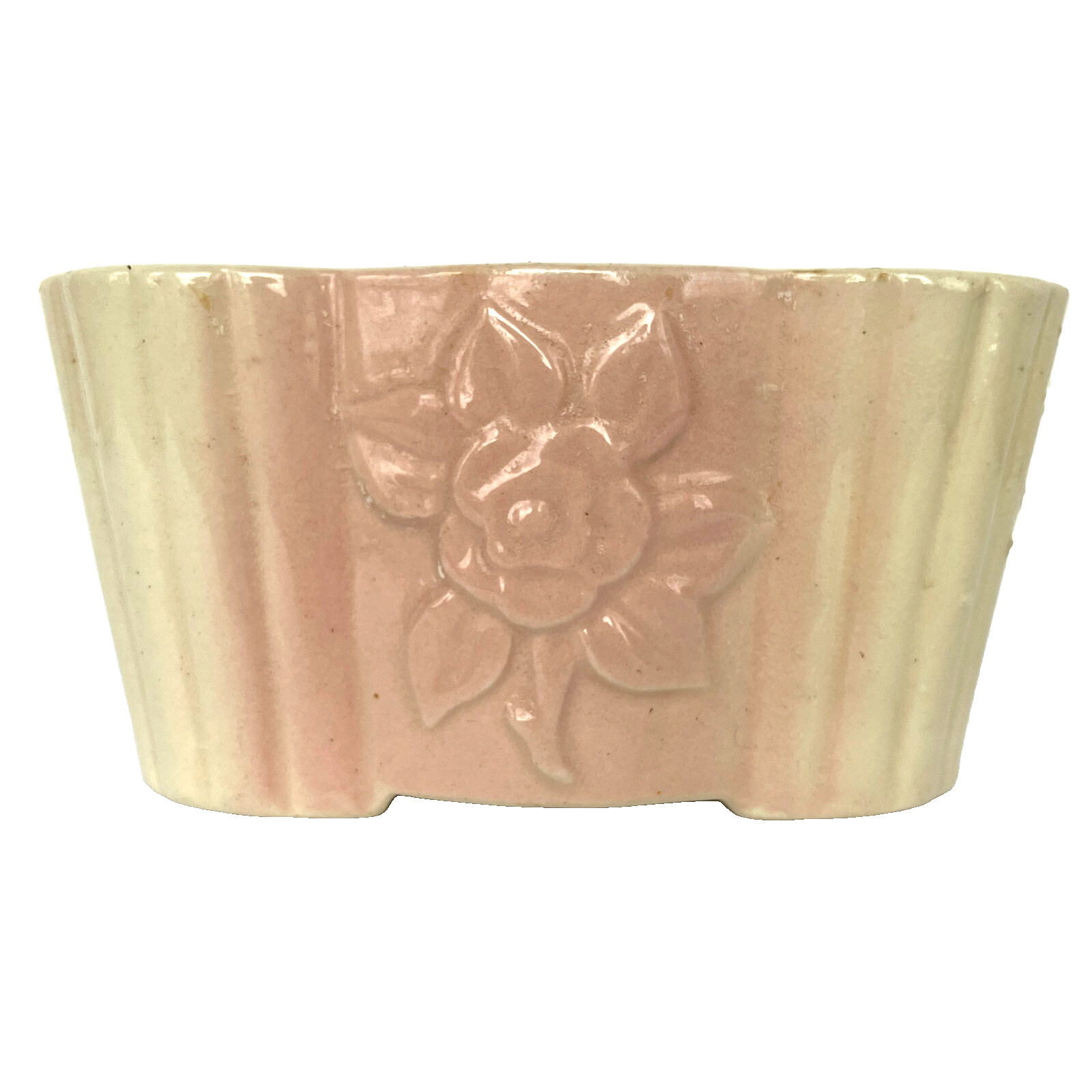 VTG Small Mid Century Pink Cream Scalloped Keyhole Ceramic Planter Rose Relief