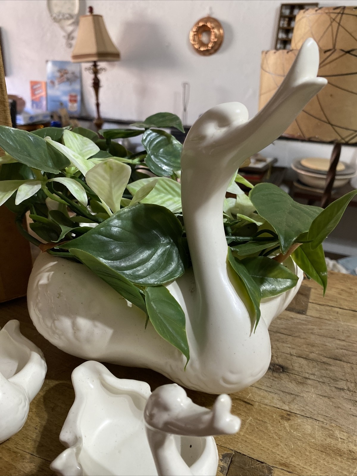 Vintage White Ceramic Swan Planter Set~Hull Pottery USA~ RARE Original Box! LOOK