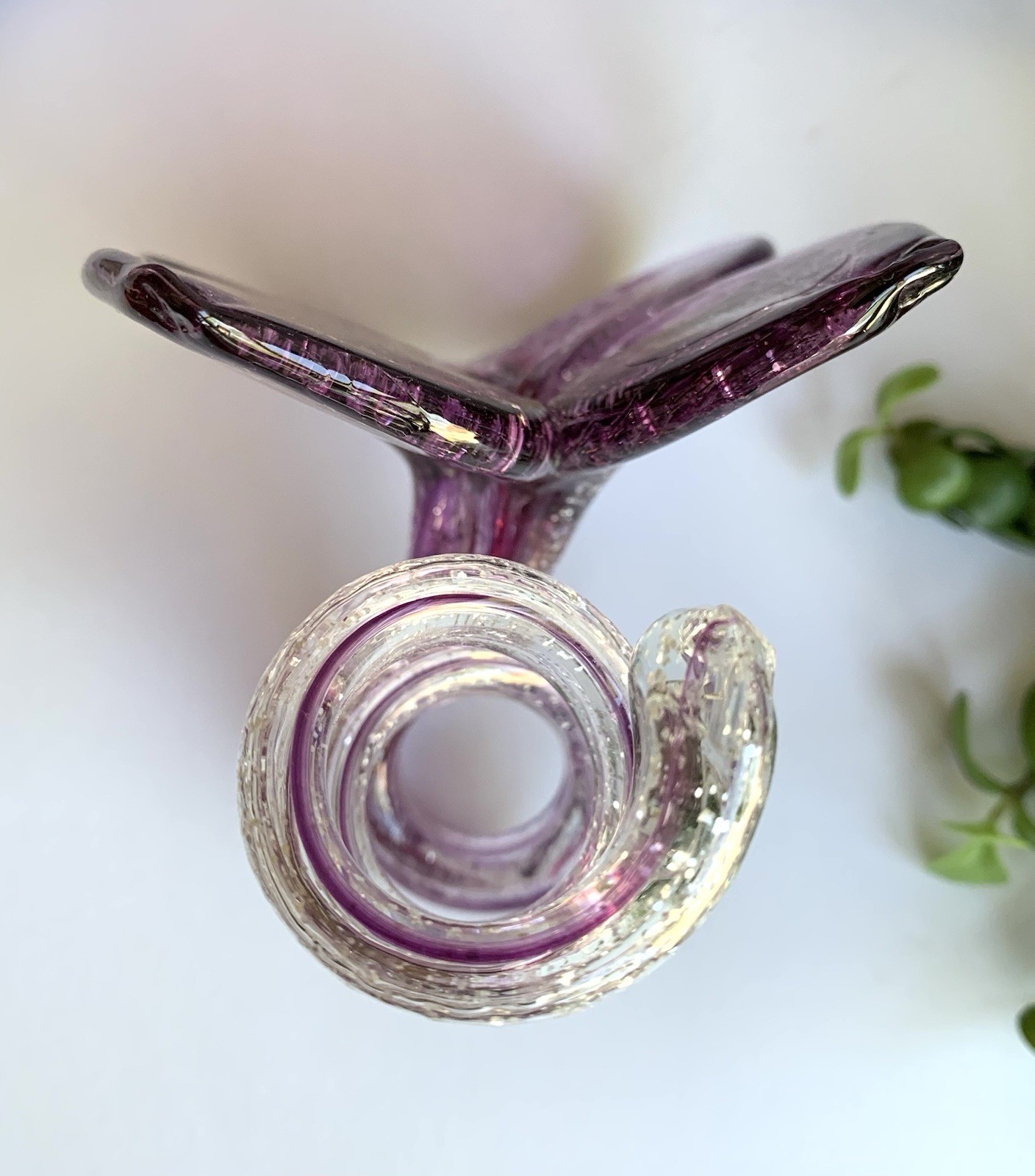 Vintage Murano Italy Handblown Art Glass Purple Pink Flower Glitter Petal Twist