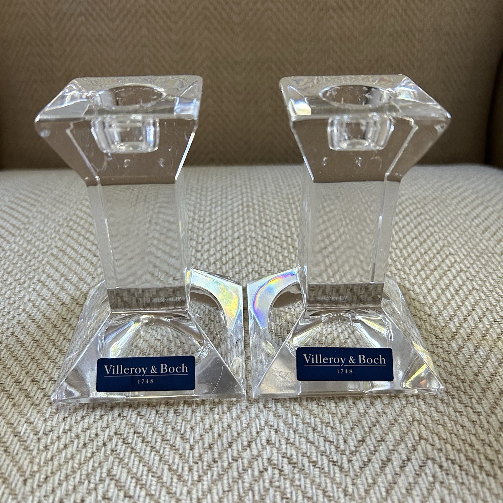 Vintage Villeroy & Boch Crystal Candlesticks Square 4” Pair Quiet Luxury Euc