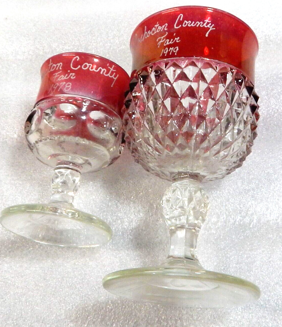 TWO Ruby Stained Indiana Glass Goblets Coshocton County Ohio Fair 1978/79 Etched